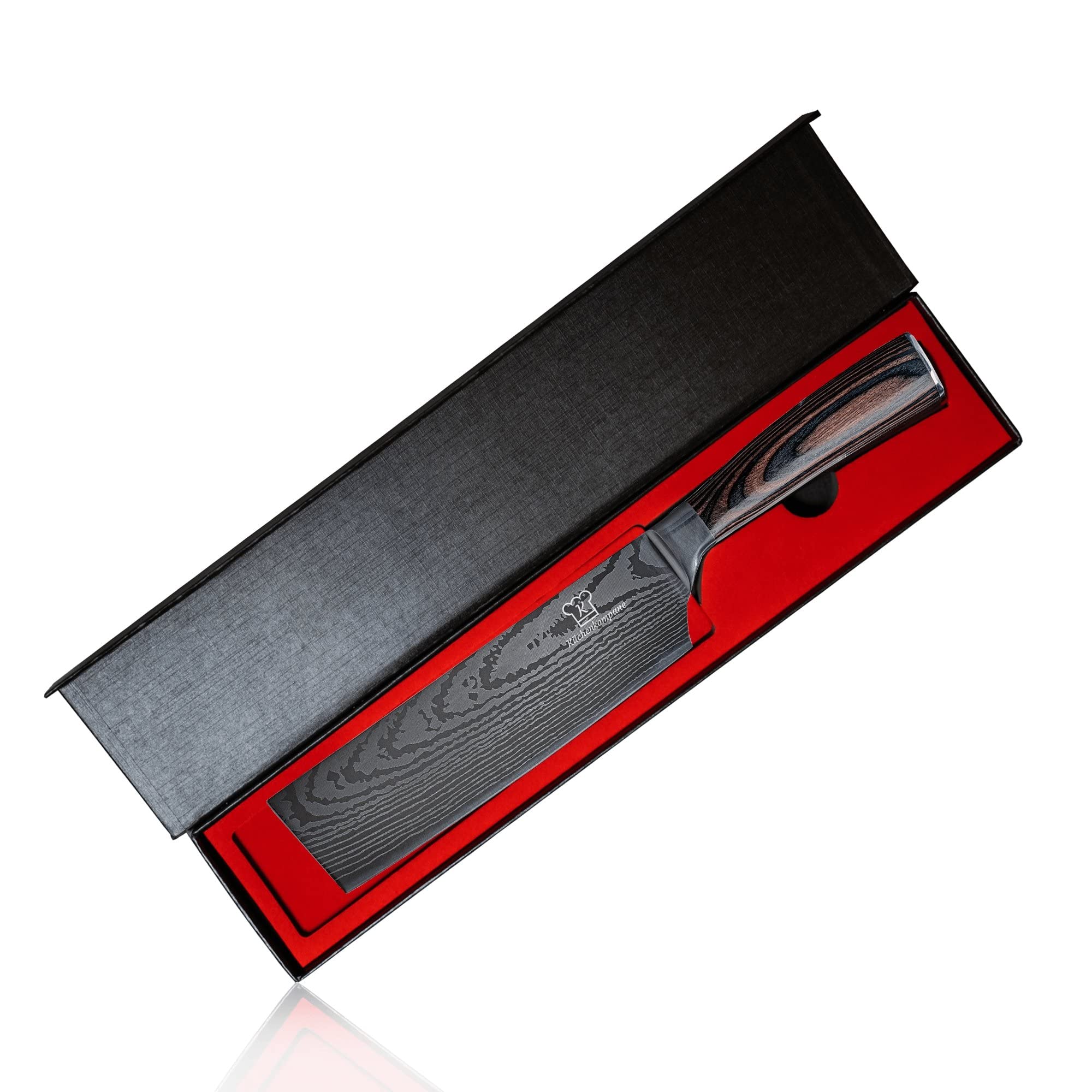 Küchenkompane – asiatisches Nakiri Kochmesser aus 7CR17 Edelstahl mit ergonomischen Pakkaholzgriff inkl. Geschenkbox | Küchenmesser im eleganten Damast Design | rostfrei & scharf | Made in Germany