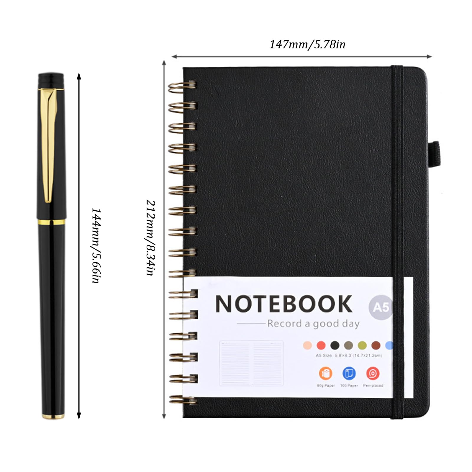 Carnet A5 Couverture Rigide Cuir PU – 200 Pages, Reliure Spirale, Avec Stylo, élastique Et Pochette, Idéal Pour Notes Et Voyage