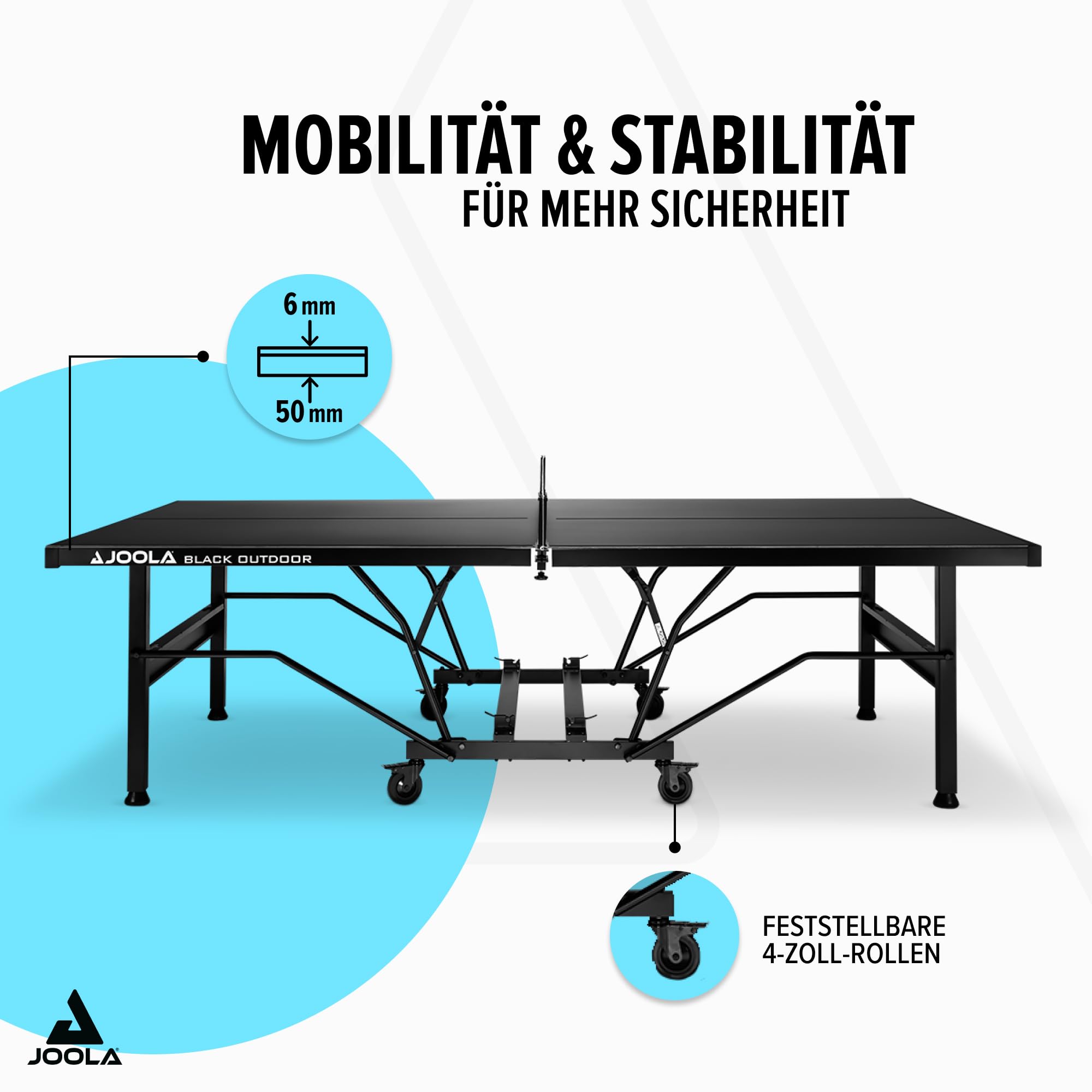 JOOLA Tischtennisplatte Black Outdoor, Wetterfest, Mobile & Klappbarer Tischtennistisch | 6mm Aluminium Plattenstärke | Inklusive Netz, schwarz, 274 x 152,5 x 76 cm