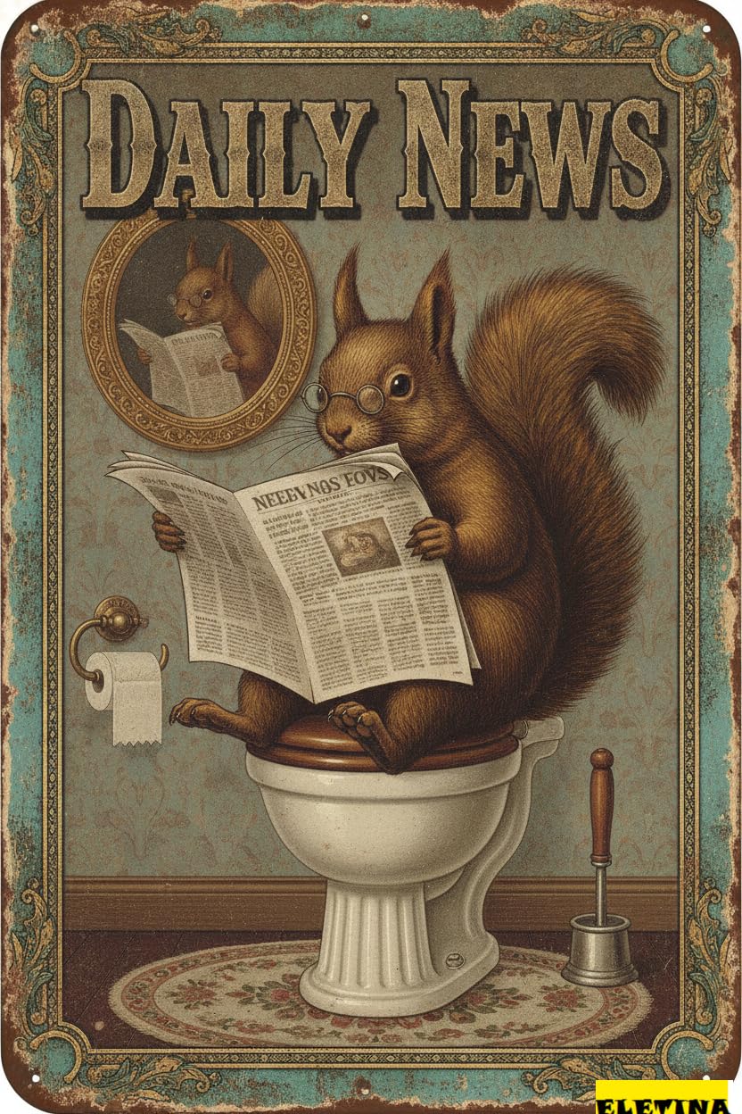 Personalized Sign for Man Cave Metal Tin Vintage Squirrel Toilet Reading Newspaper Humour Funny Animal Whimsy Animal Home, Bathroom And Toilet Wall Decor 12x8 Inch(813) Private Property Decorative