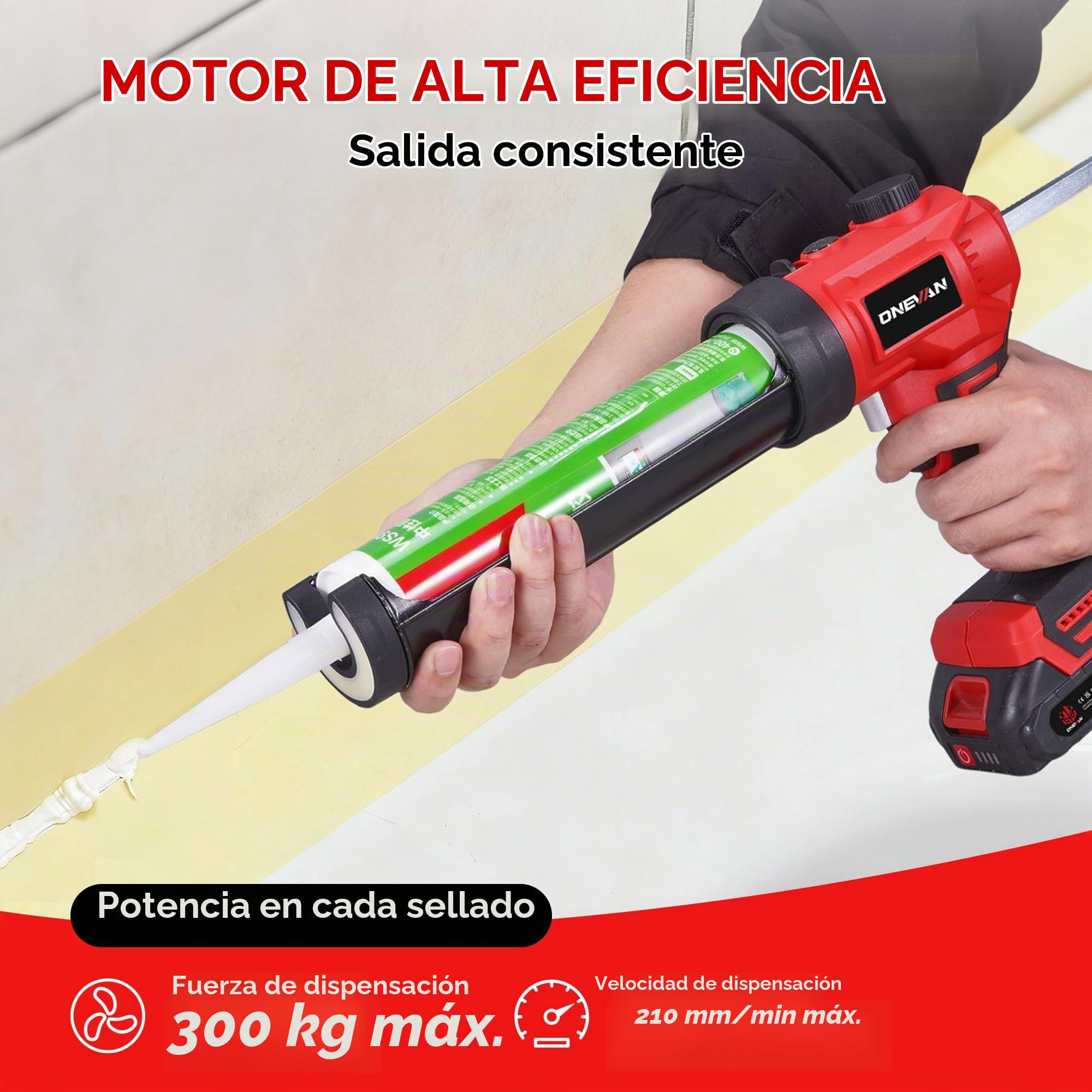ONEVAN Pistola para Cartuchos Inalámbrica 300ml Brushless 2x1,5Ah | 300ml Capacidad, 300kg Fuerza, Velocidad variable, Cargador rápido, Luz LED brillante, Para ventanas y juntas