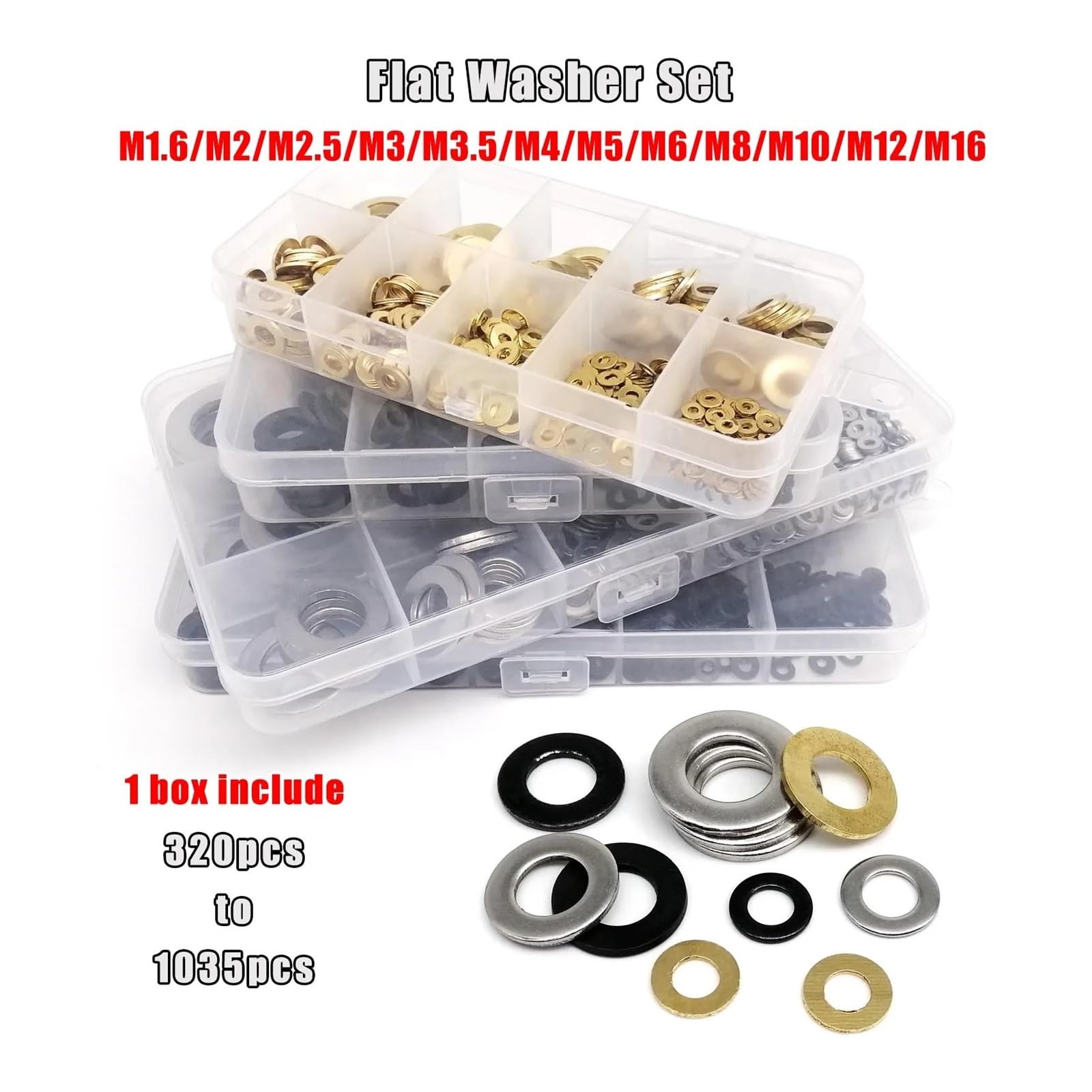 Unterlegscheibensortiment, 1 Box, Mix M1,6, M2, .5, M3, M4, M5, M6, M8, M10, M12M16, Sortimentsset, flache Unterlegscheibe, einfache Dichtung, Edelstahl (304 Edelstahl)