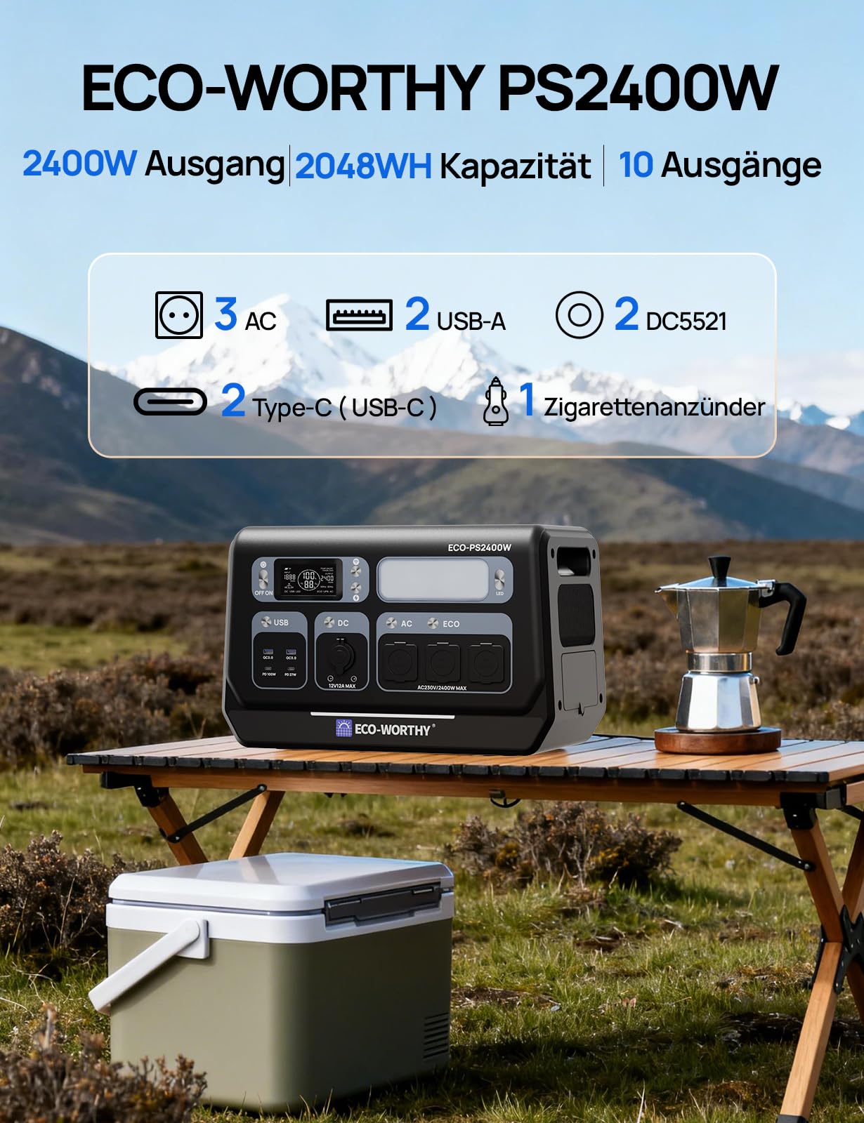 ECO-WORTHY PS2400W Powerstation Tragbare mit 200W Solarpanel Faltbar, 2048Wh Solar Generator mit 10 Anschlüssen (4800W Peak) WLAN- und Bluetooth-Funktion für Wohnmobile, Camping, Notfall und Zuhause