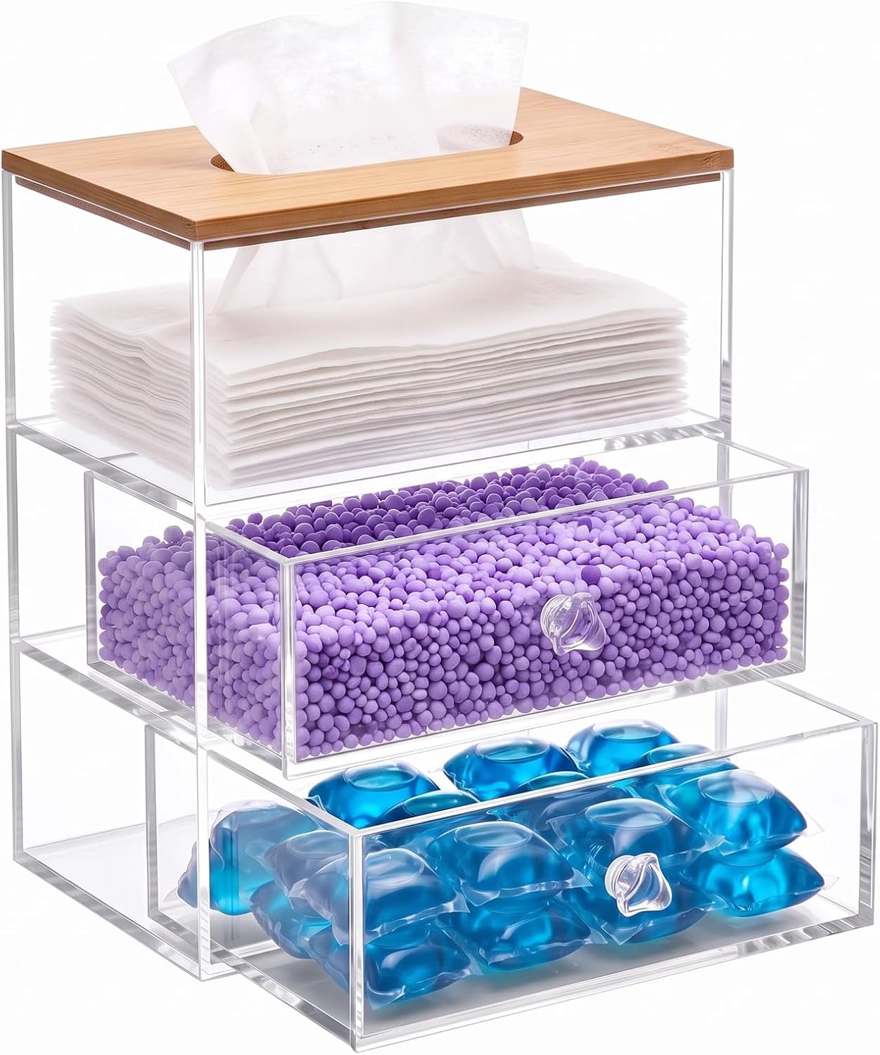 Juexica 3 in 1 Laundry Pods Container & Dryer Sheet Holder & Fragrance Beads Dispenser with Drawer Bamboo Lid Acrylic Dishwasher Pods Container Laundry Room Organization Storage for Room Kitchen Home