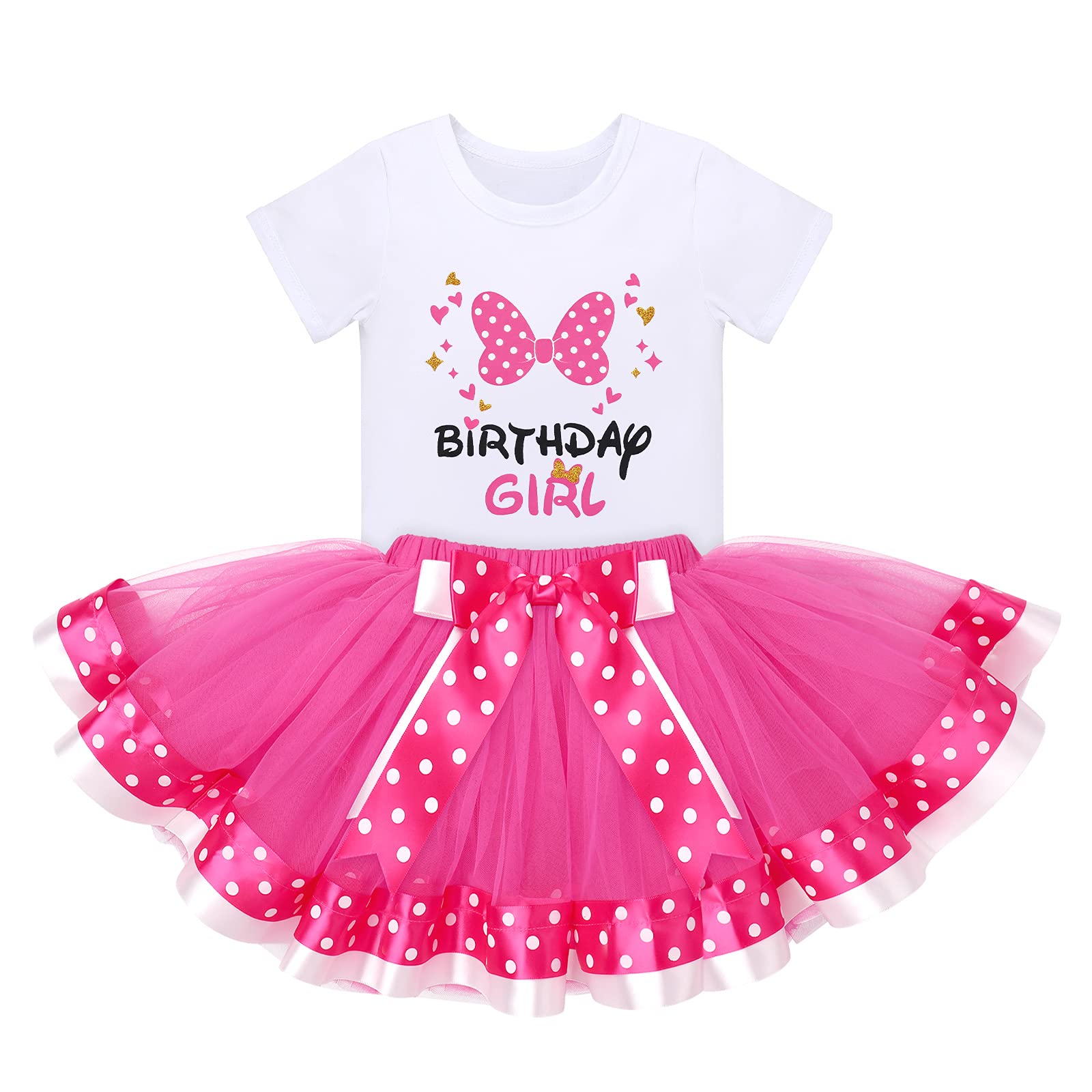 IDOPIP 3rd 4th 5th Birthday Girl Outfit Baby Toddler Shirt Top + Polka Dot Tutu Skirt + Mouse Ears Headband 3PCS Clothes Set for Princess Cake Smash Photo Shoot Dress Hot Pink Birthday Girl 4 Years