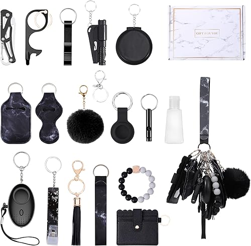 Juego de llaveros de seguridad para mujer, con alarmas personales, abridor de botellas, pompones, espejo, silbato, cuerda de cuentas, bolsa de