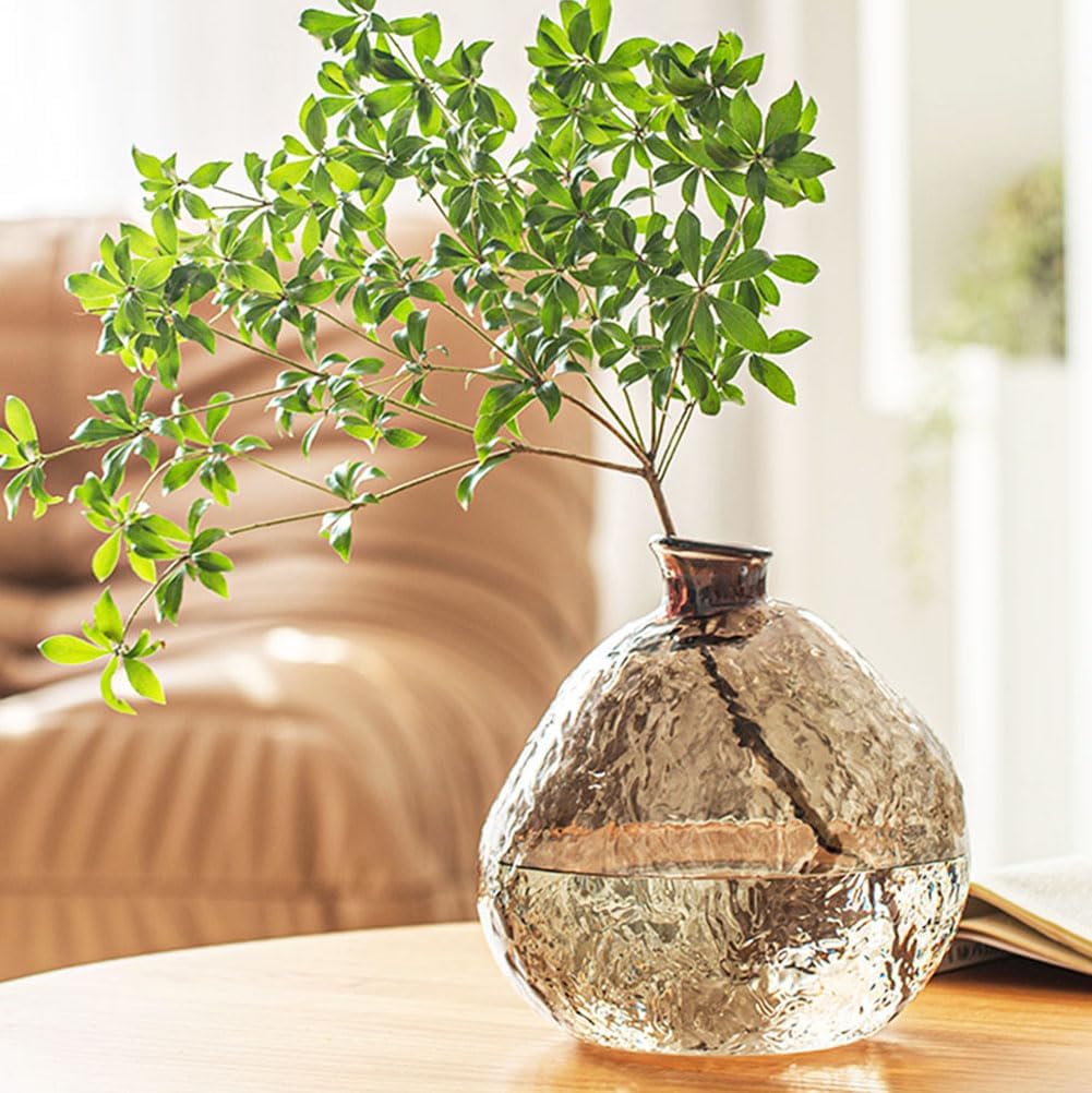 Unique Hammered Brown Glass Vase for Plants Decor Ribbed Embossed Flower Vases for Centerpieces Living Room Entrance Table Decoration,Brown