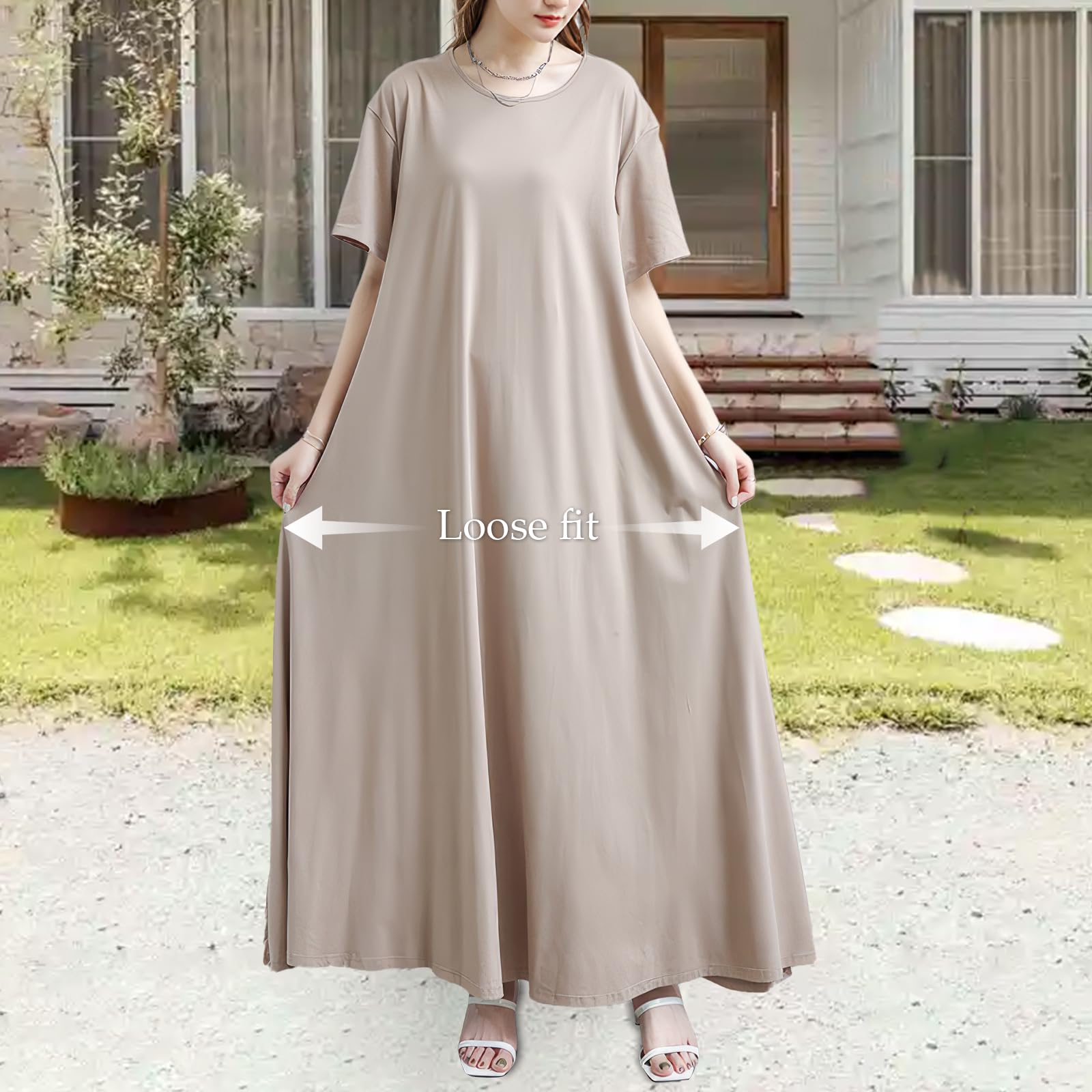 Qin Derdom Abiti Estivi Abiti Lunghi Maniche Corte Eleganti Abiti Sciolti Casual Girocollo Abiti Lunghi