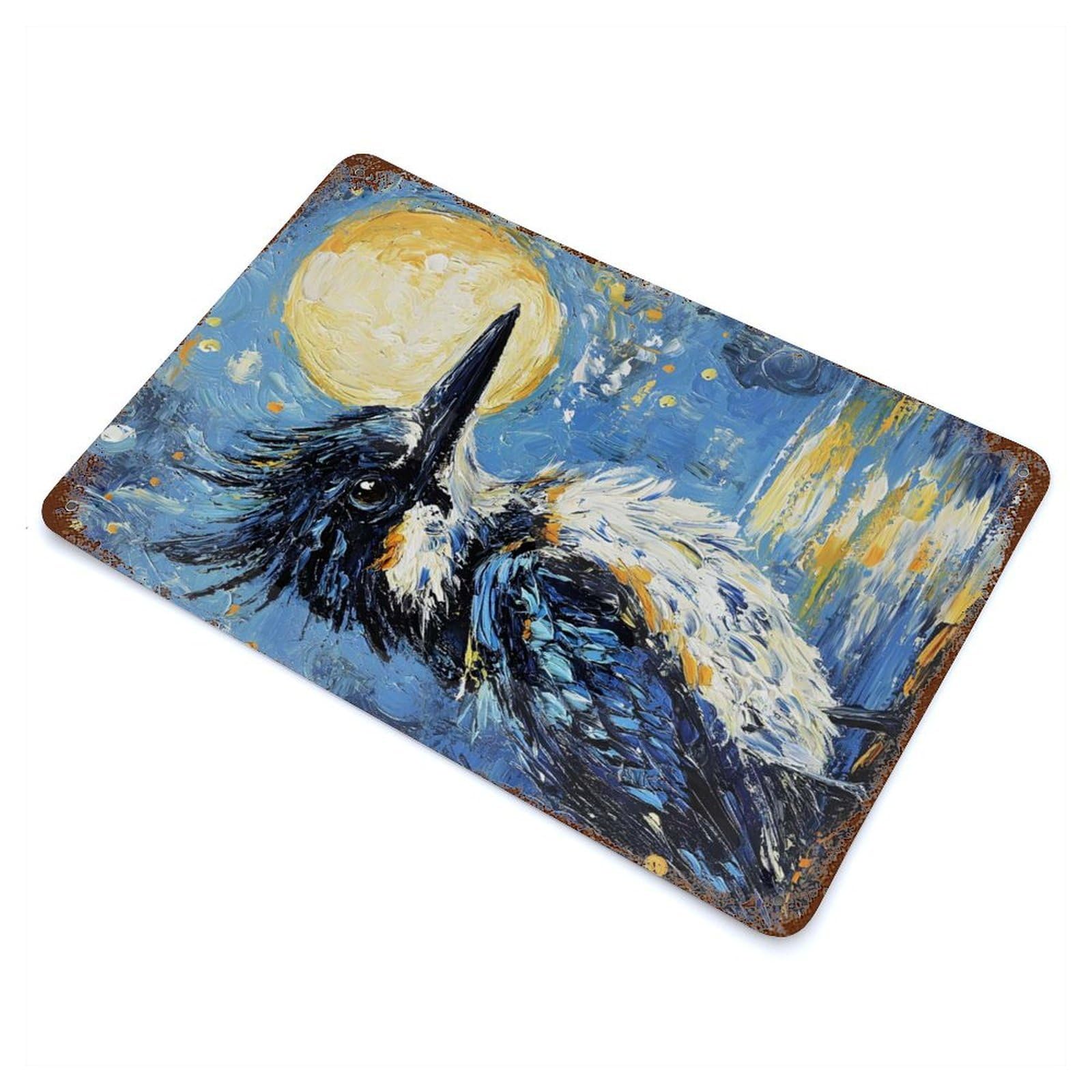 Rusty Metal Tin Sign with Kingfisher Under Moonlight Design 11.8"x7.9", for Garage, Bar And Workshop Decor, Decorative Metal Wall Art