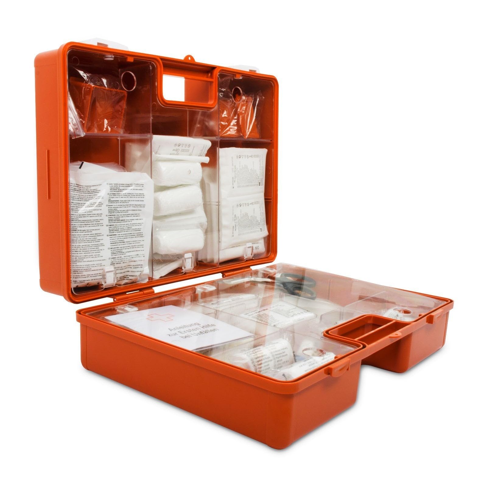 KARAT Trousse de Premiers Secours Moyenne DIN 13169 pour Entreprise & Domicile - Kit de Secours Complet avec Support Mural pour Bureaux Restauration, Capacité jusqu'à 100 Personnes (32 x 22 x 13 cm)