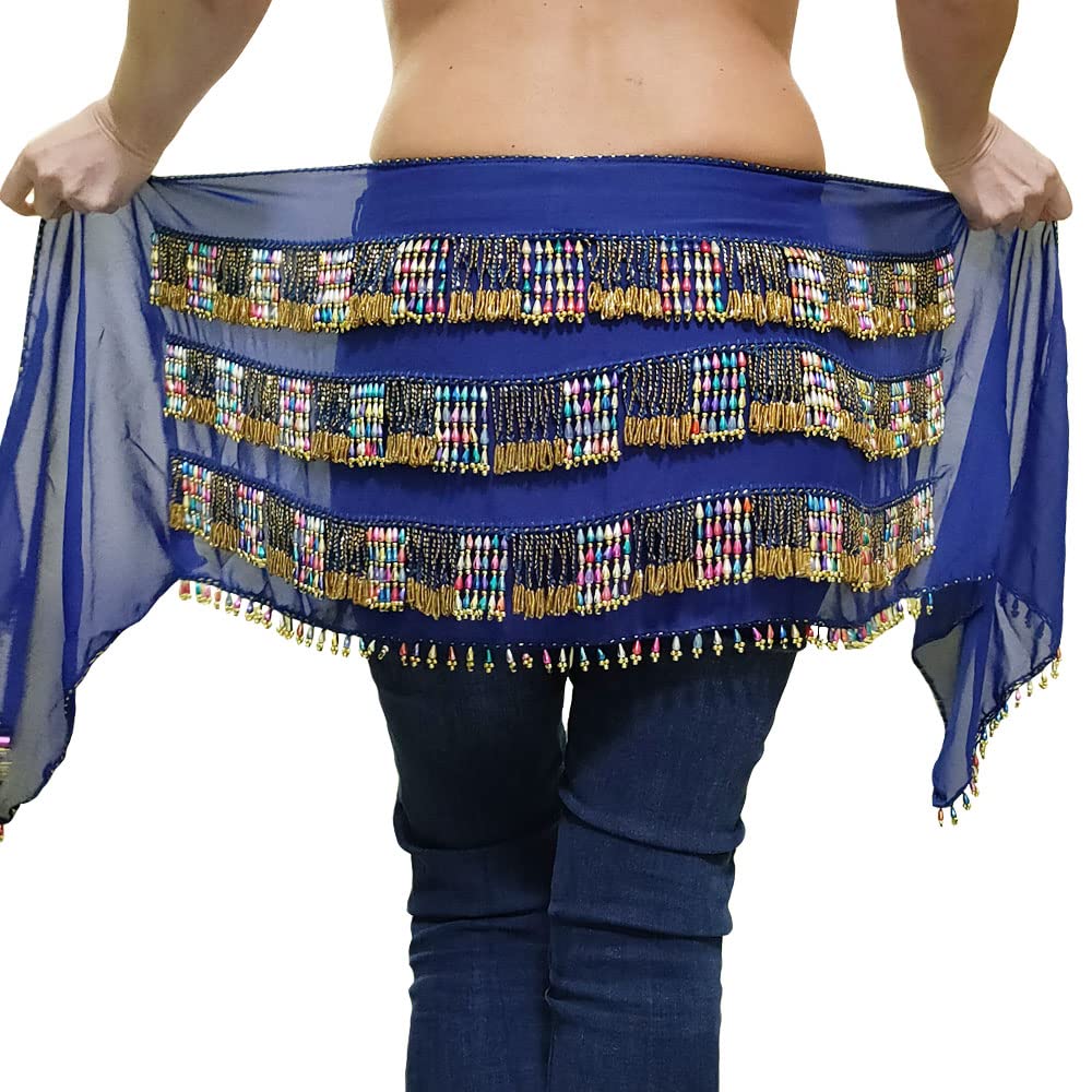 Bauchtanz Schal Hüfte Schärpe Perlen Handgefertigt in Ägypten (Blaugold)