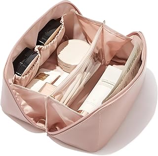 Travel Makeup Bag - Spacious Cosmetic Bag for Women, Lightweight Waterproof Flat Open Cosmetic Organizer with Dividers and Handle, Perfect for Organizing Makeup and Toiletries.