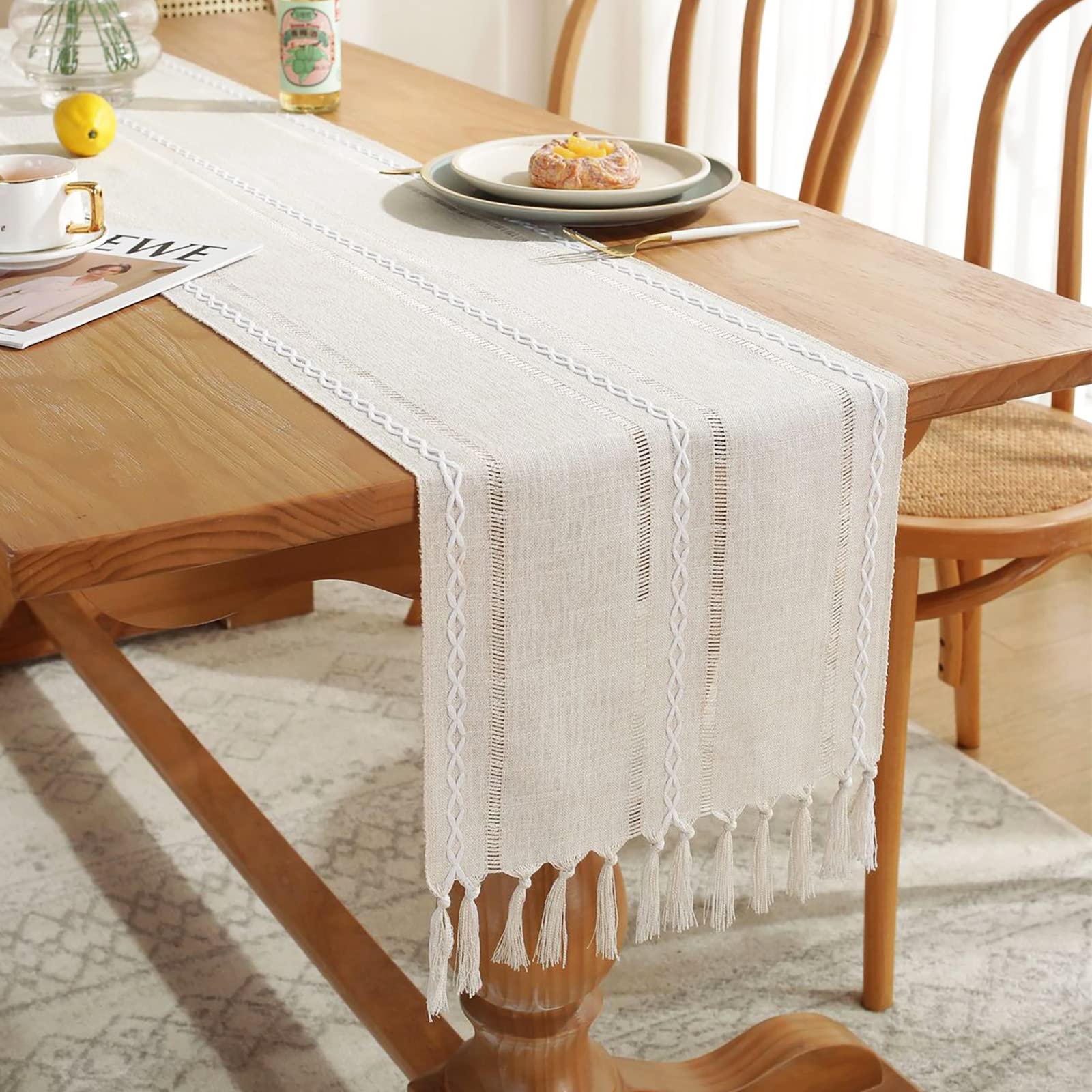 Chemin De Table Coton Lin 30 X 180 Cm Mode Chemin De Table Tissu Avec Franges, Rustique Ferme Décor Chemin Table Lessivable Classique Pour Cuisine Repas Vacances Fête Café Table Décoration