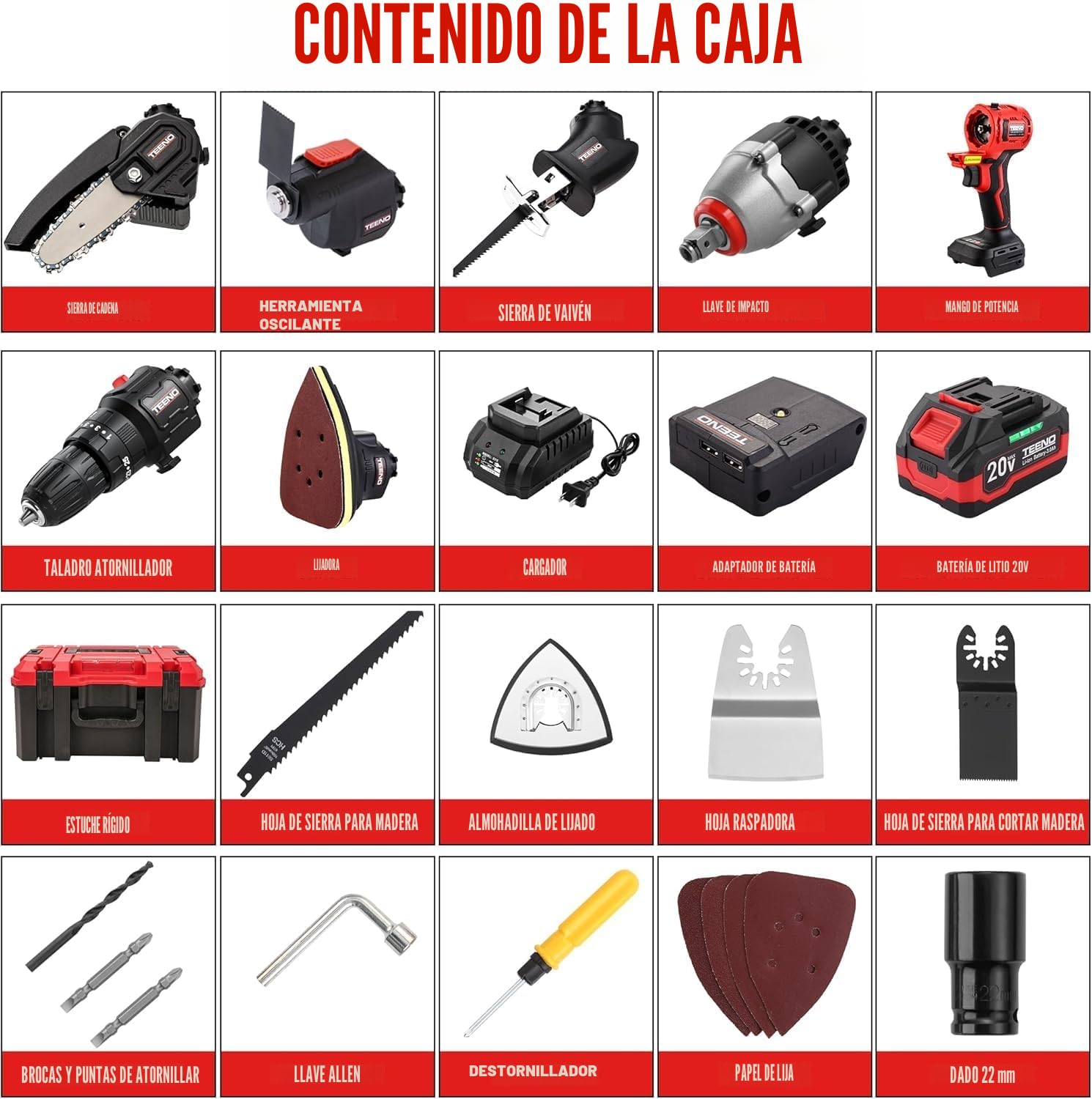 TEENO Kit de Herramientas Eléctricas de 20 V, Herramienta Inalámbrica 8 en 1 con Estuche, Taladro, Sierra de Sable, Sierra de Cadena, Llave de Impacto, Herramienta Oscilante (8-IN-1)