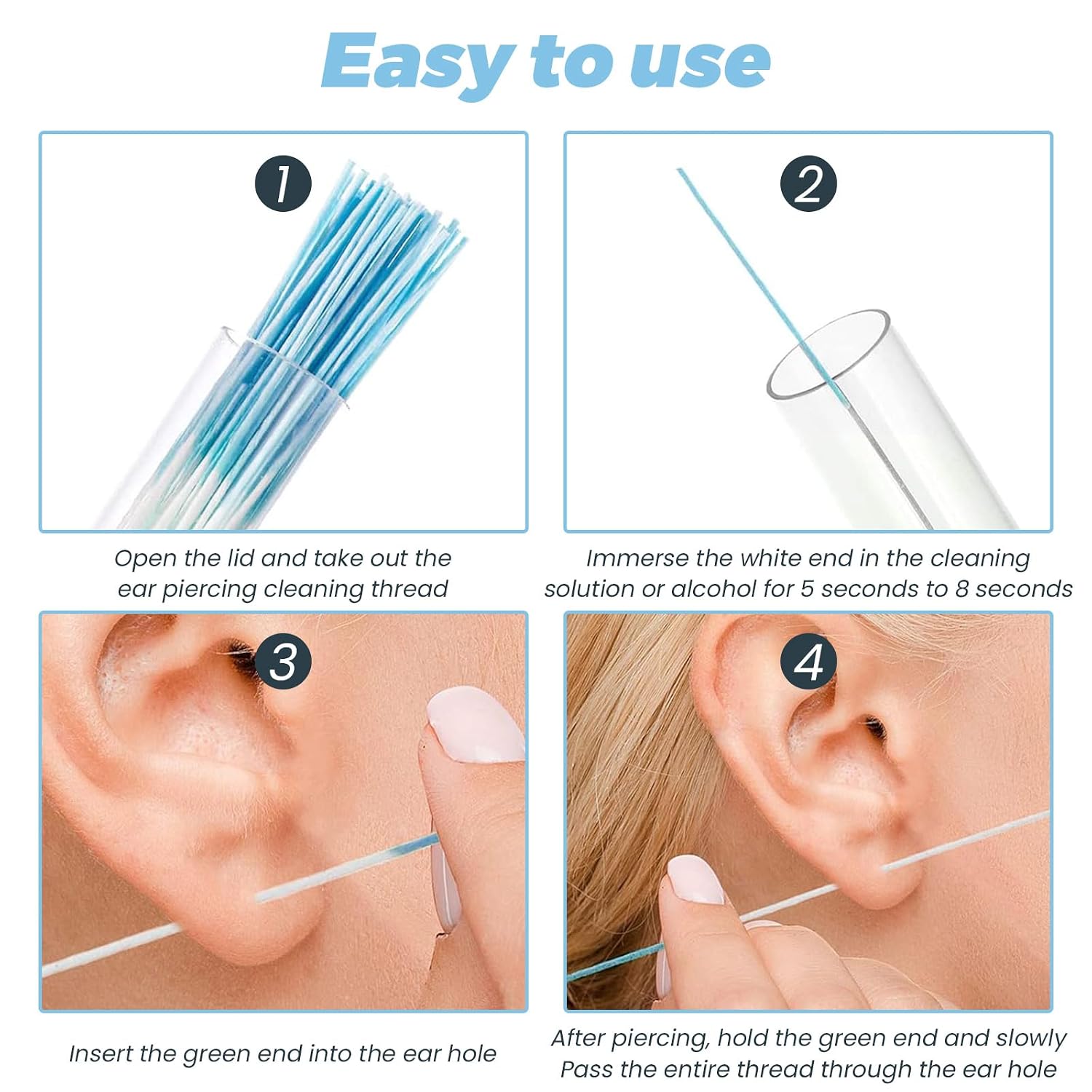 Huakaile 640 Pieces 4 Bottles Ear Piercing Cleaner Floss, Non-Reusable Ear Hole Cleaning Line Thread, Nose Ring Cleaner Floss String Aftercare for Girls Boys Women Men (A)