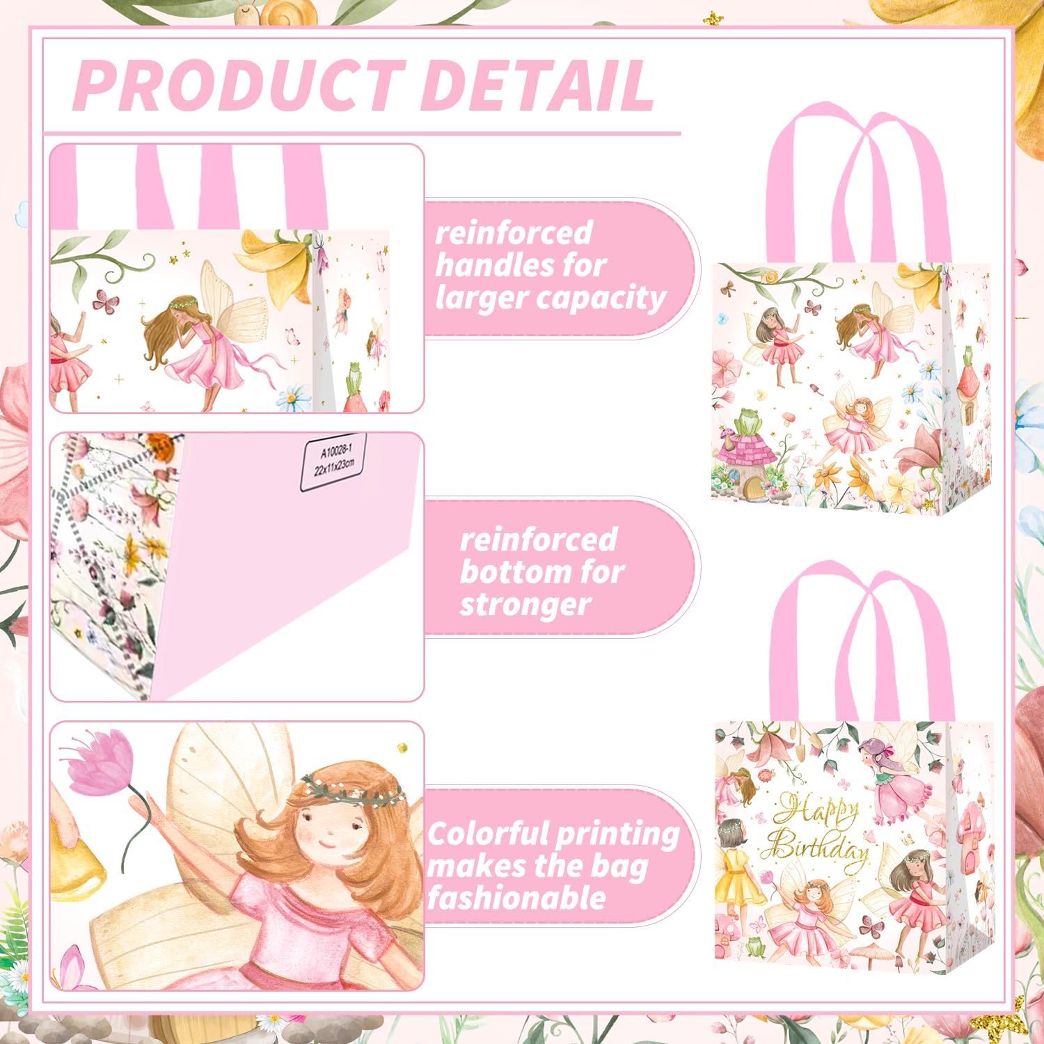 Fairy Birthday Favor Bags Fairy Party Supplies 12PCS Non-Woven Floral Fairies Handle Bags Decorations Fairy Garden Candy Goodie Bag for My Fairy First Birthday Baby Shower Decor - Image 4