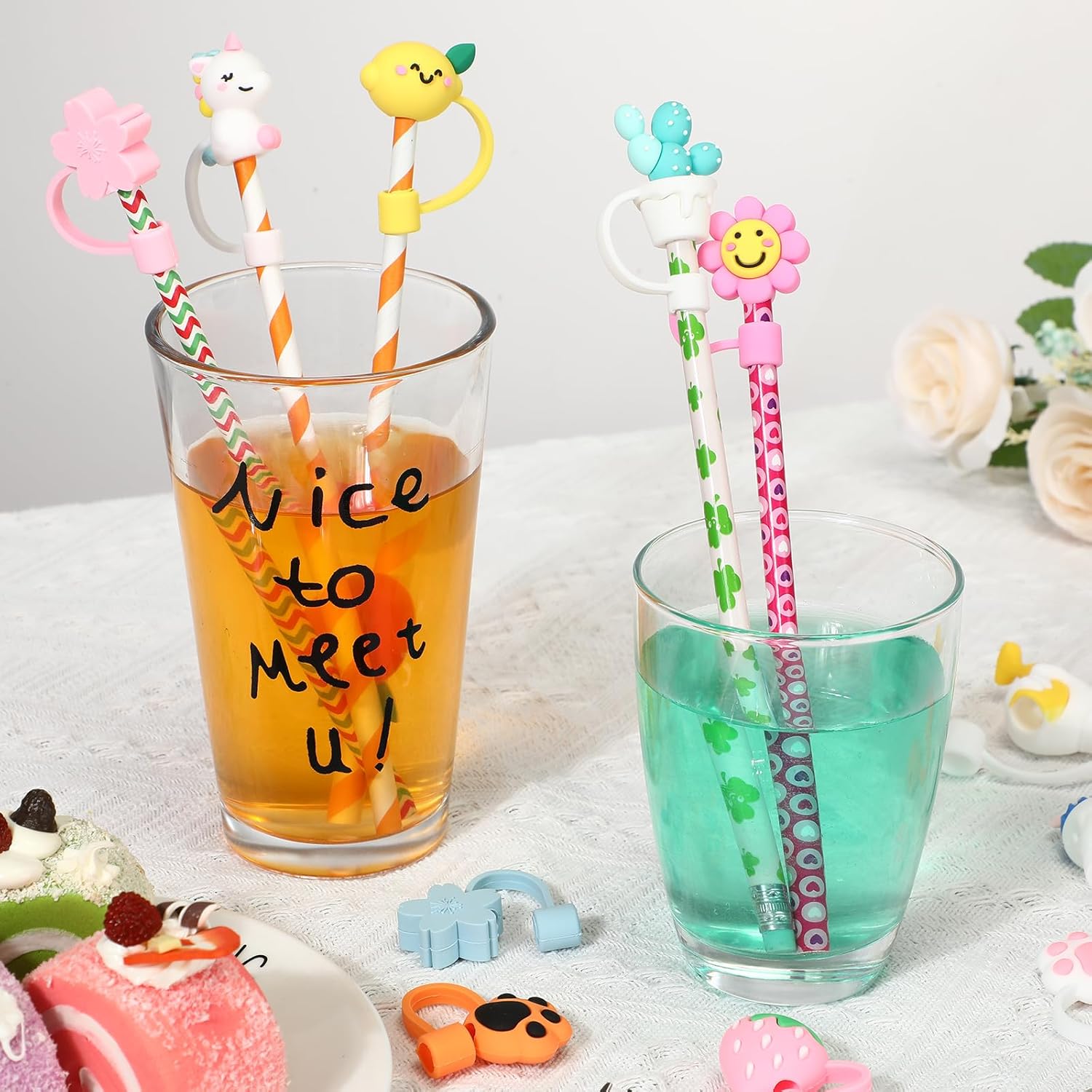 Dandat 50 Pcs Covers Cap Silicone Straw Tips Cover Reusable Cute Drinking Straw Toppers Adorable Dustproof Plugs for 6-8 mm, 25 Patterns - Image 5