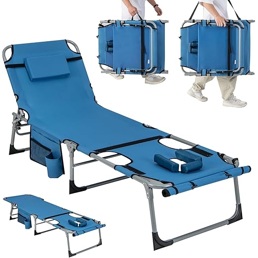 Giantex Folding Beach Tanning Chair - Outdoor Chaise Lounge Chair, 5-Position Adjustable Lounger with Face Hole, Removable Pillow, Storage Pocket, 400 lbs Weight Capacity Sunbathing Chair (1, Beige)
