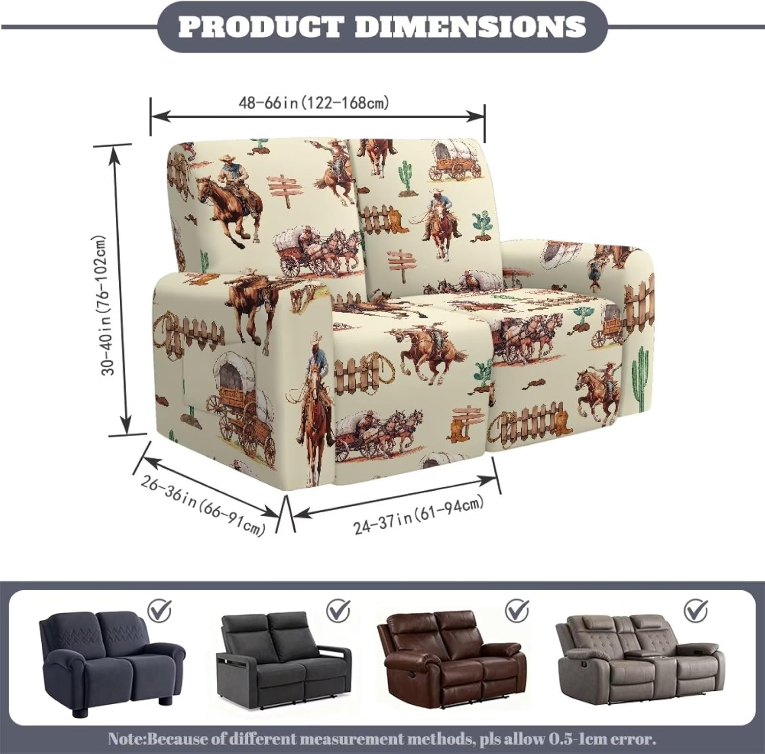 Horse Printed Furniture Covers for 2 Seat Loveseat Recliner Couch, Stretch Recliner Loveseat Cover Lazy Boy Reclining Slipcover with Pockets