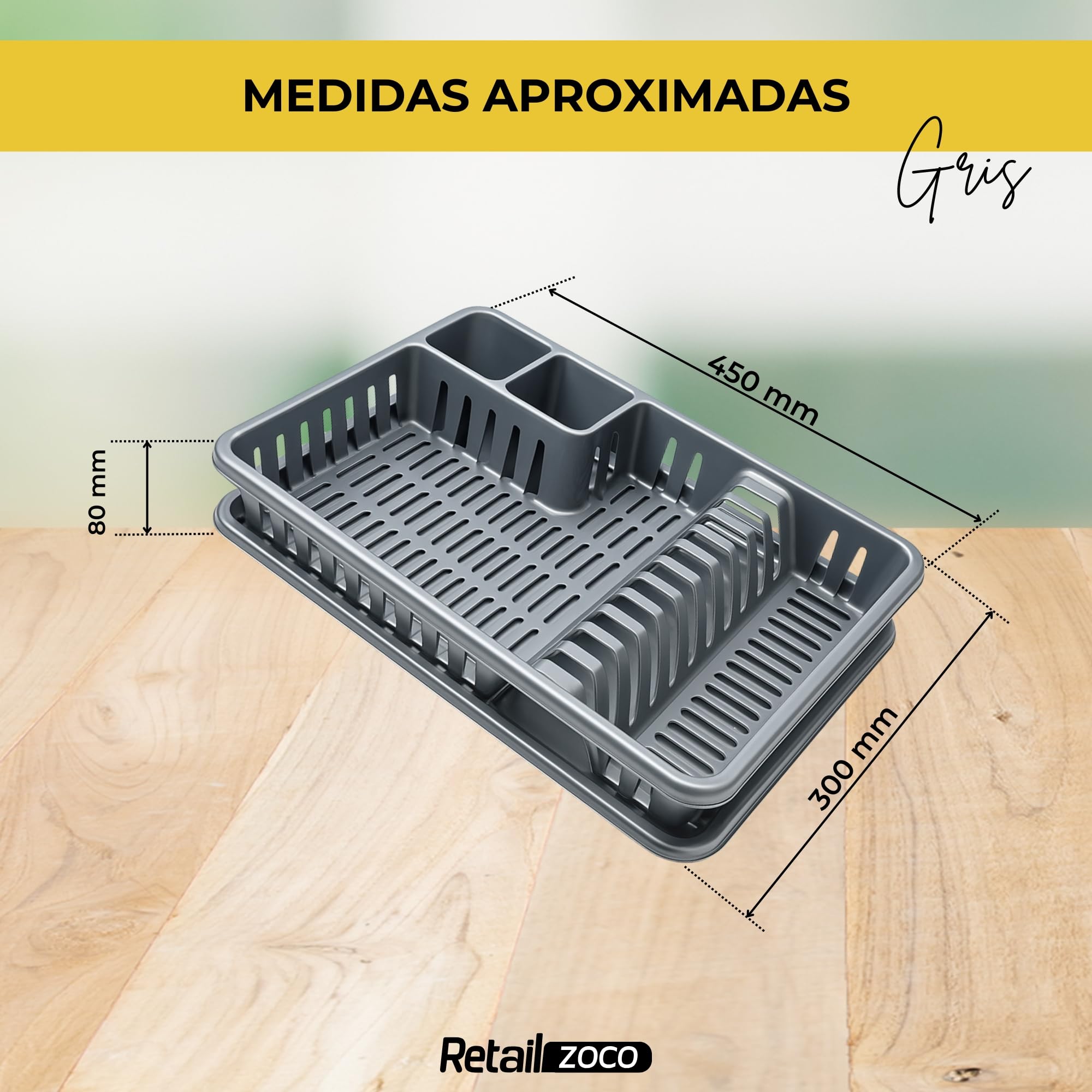 CHEFZOCO Escurreplato de plástico, Escurridor de Platos, Escurridor Fregadero de 2 módulos, con Bandeja Anti-Goteo, 45 cm de Ancho x 29.7 cm de Fondo x 8 cm de Altura, Gris