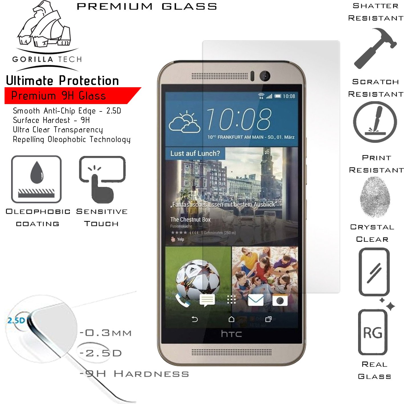 Gorilla Tech Vetro Temperato Per HTC One M9 – Protezione Schermo 9H, HD, 3D Touch, Antigraffio