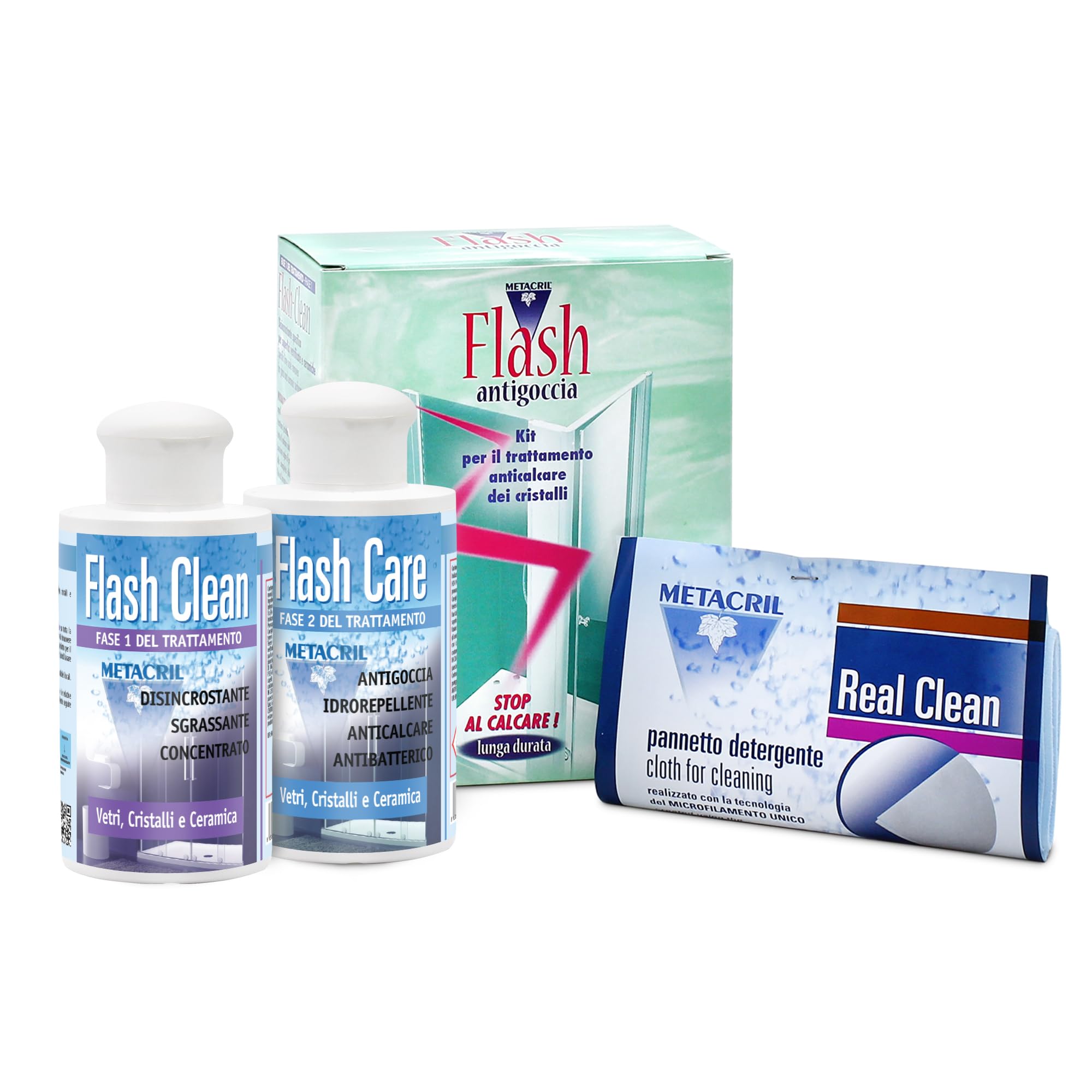 Metacril Kit Flash Antigotas - Tratamiento Hidrorrepelente Antical de Larga Duración para Cristal y Vidrio - Flash Clean 125 ml + Flash Care 125 ml