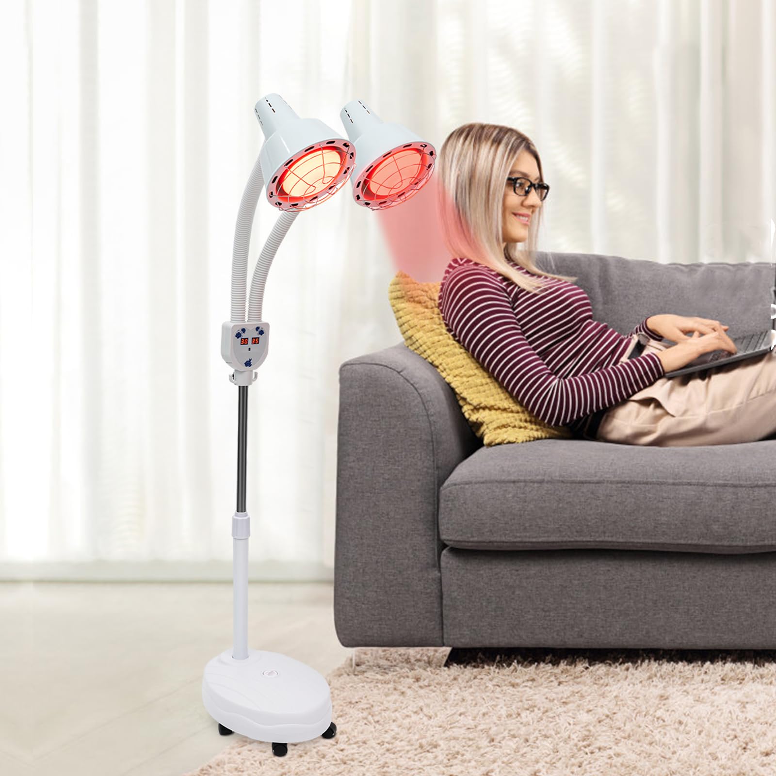 Lámpara de infrarrojos de 275 W, lámpara de luz roja, lámpara de doble cabeza con mando a distancia, manguera ajustable de 360°, para salón de belleza, salón, familia