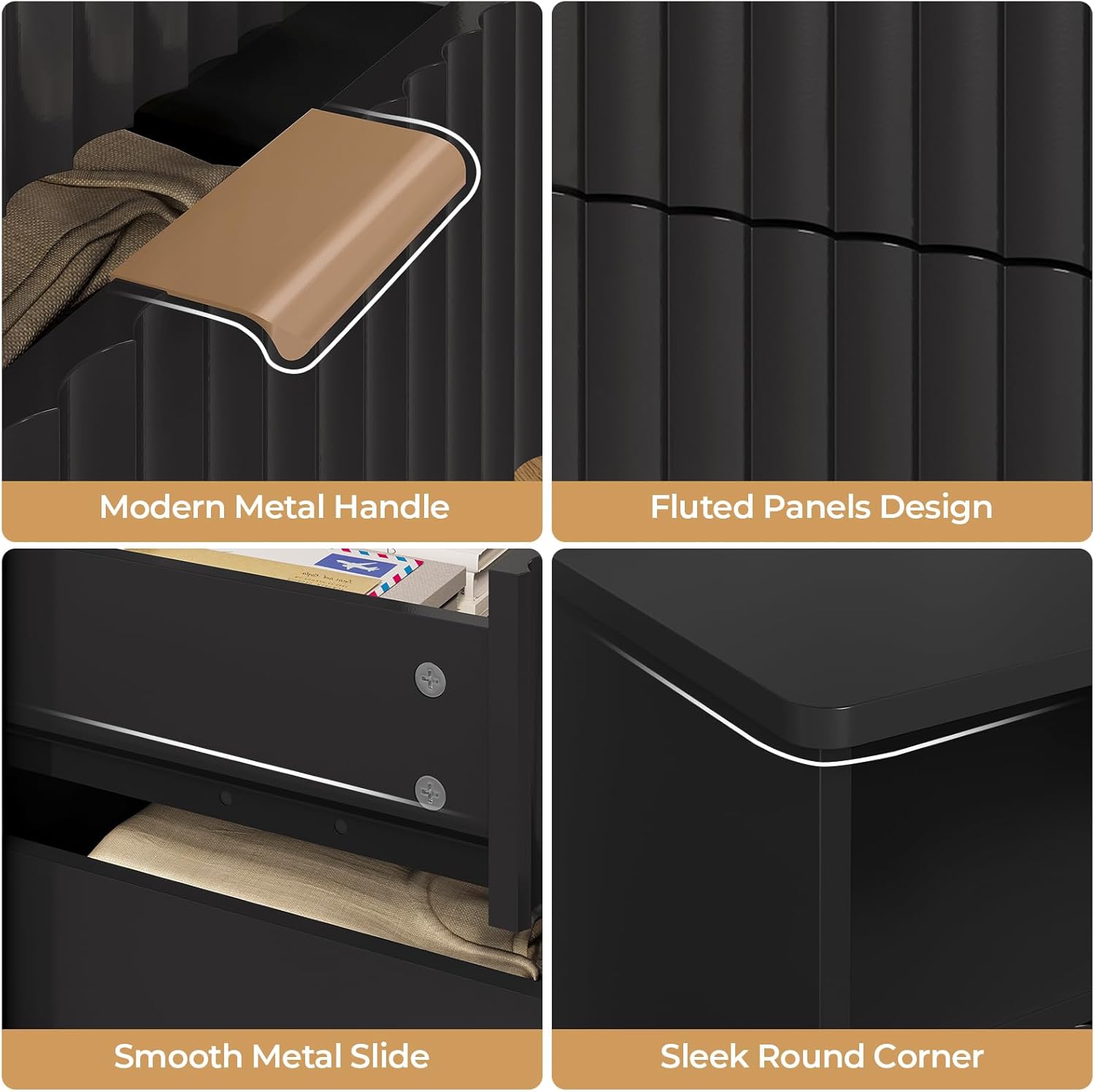 VIAGDO Fluted Nightstand with Charging Station and LED Lights, Modern Night Stand with 2 Drawers and Open Storage Cabinet, Bed Side Table with Gold Metal Handle for Bedroom, Black