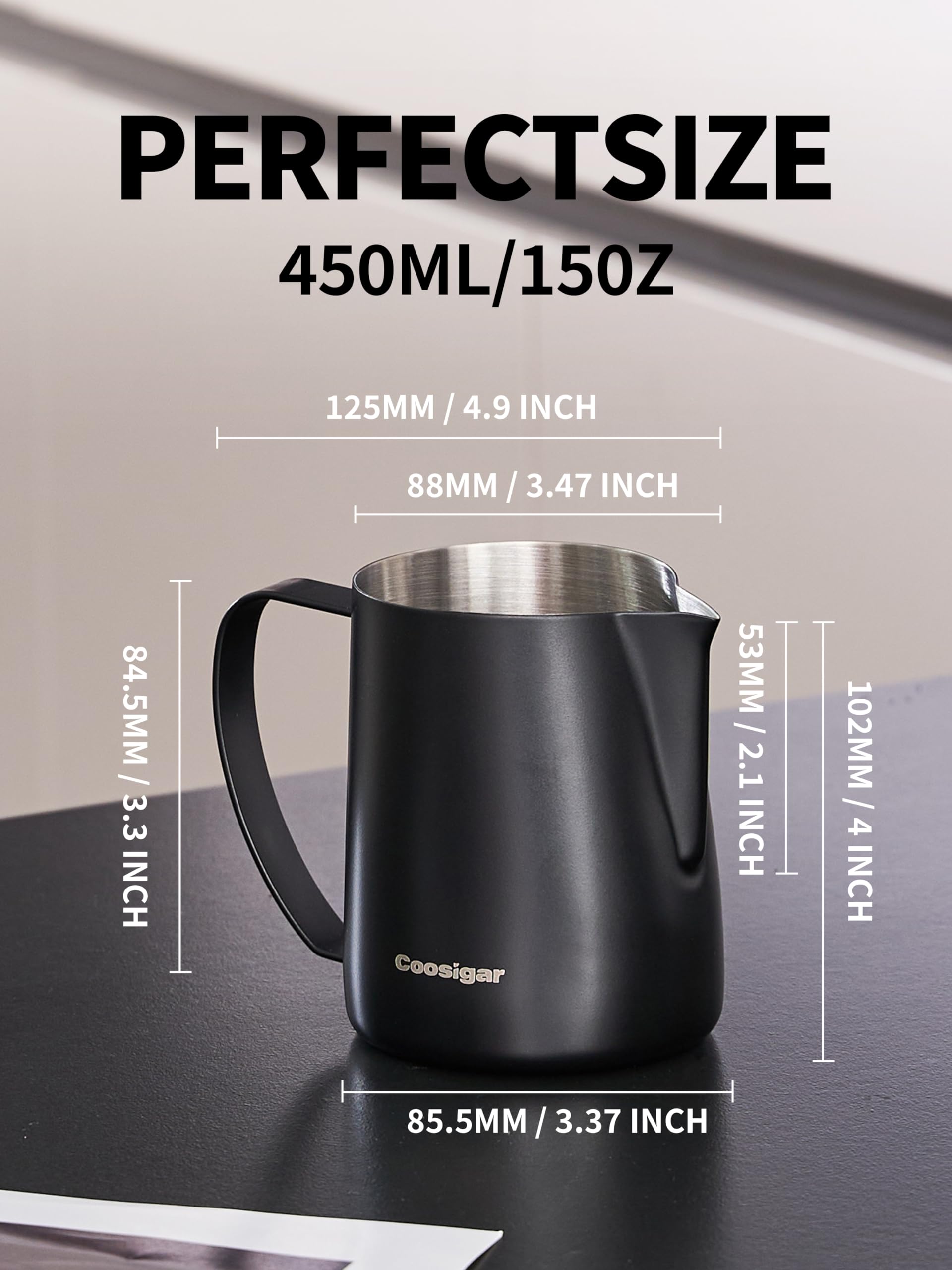 Jarra espumadora de leche de 450 ml, jarra de vapor espresso de acero inoxidable 304, taza espumadora de leche, taza de jarra de leche, arte con leche (negro)