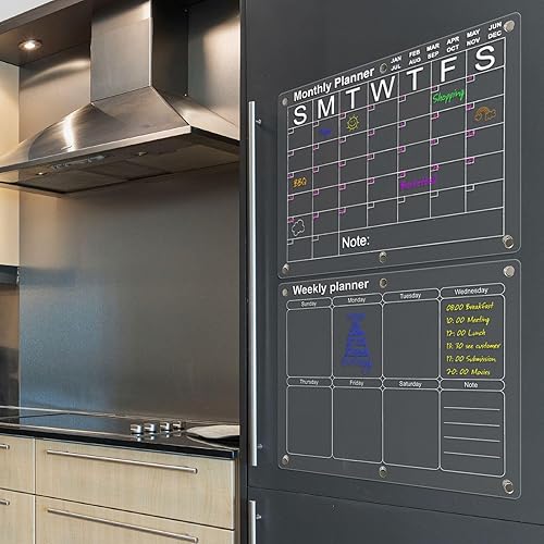 Miniatura 3 de Masshomi Paquete de 2 calendarios magnéticos de pizarra blanca acrílica para nevera, gran espacio, mensual y semanal, 8 rotuladores de color,
