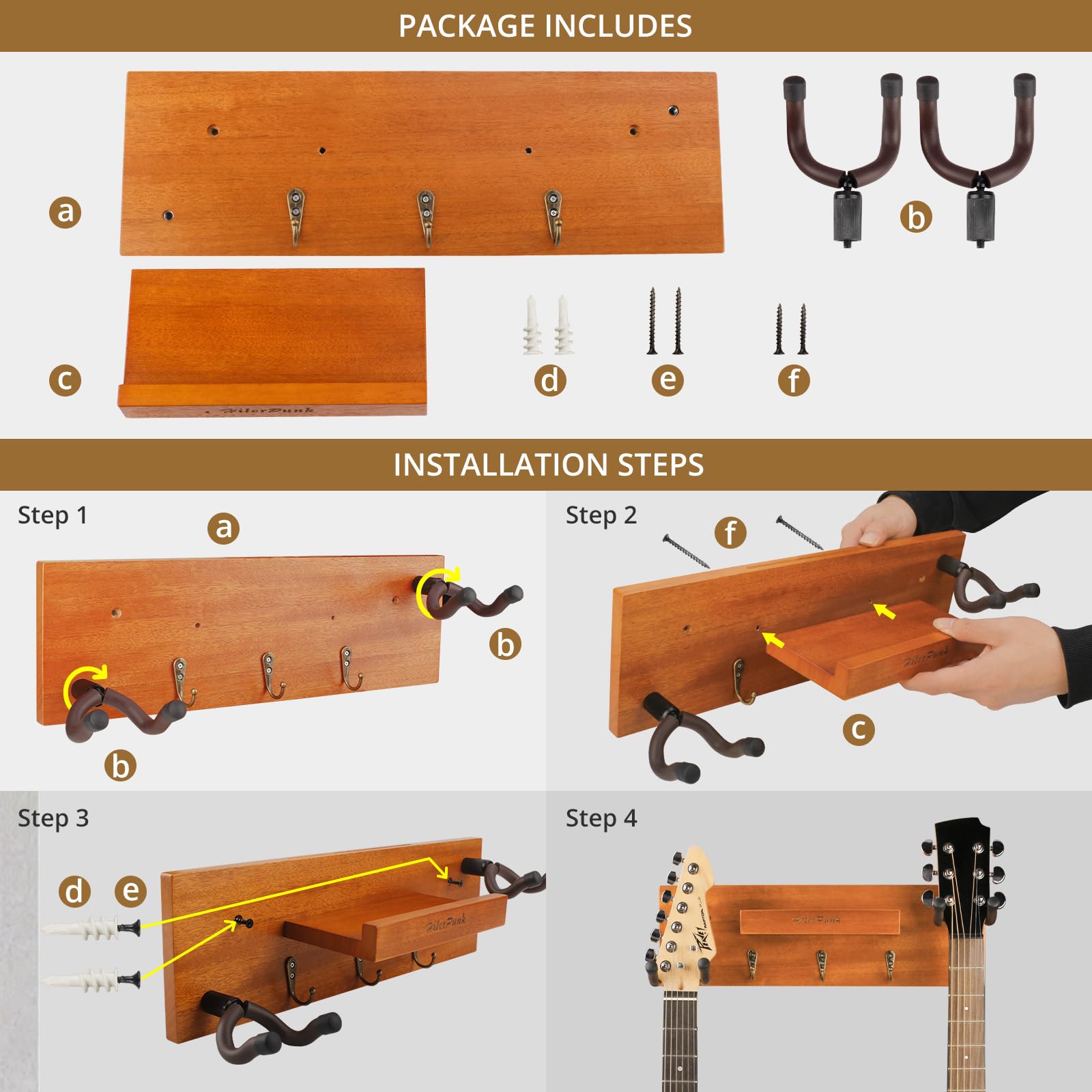 Supporto da parete per chitarra, gancio da parete per chitarra in legno massiccio con 3 ganci e 2 ganci girevoli in gomma per chitarra, espositore per chitarra con ripiano e porta plettri per chitarra