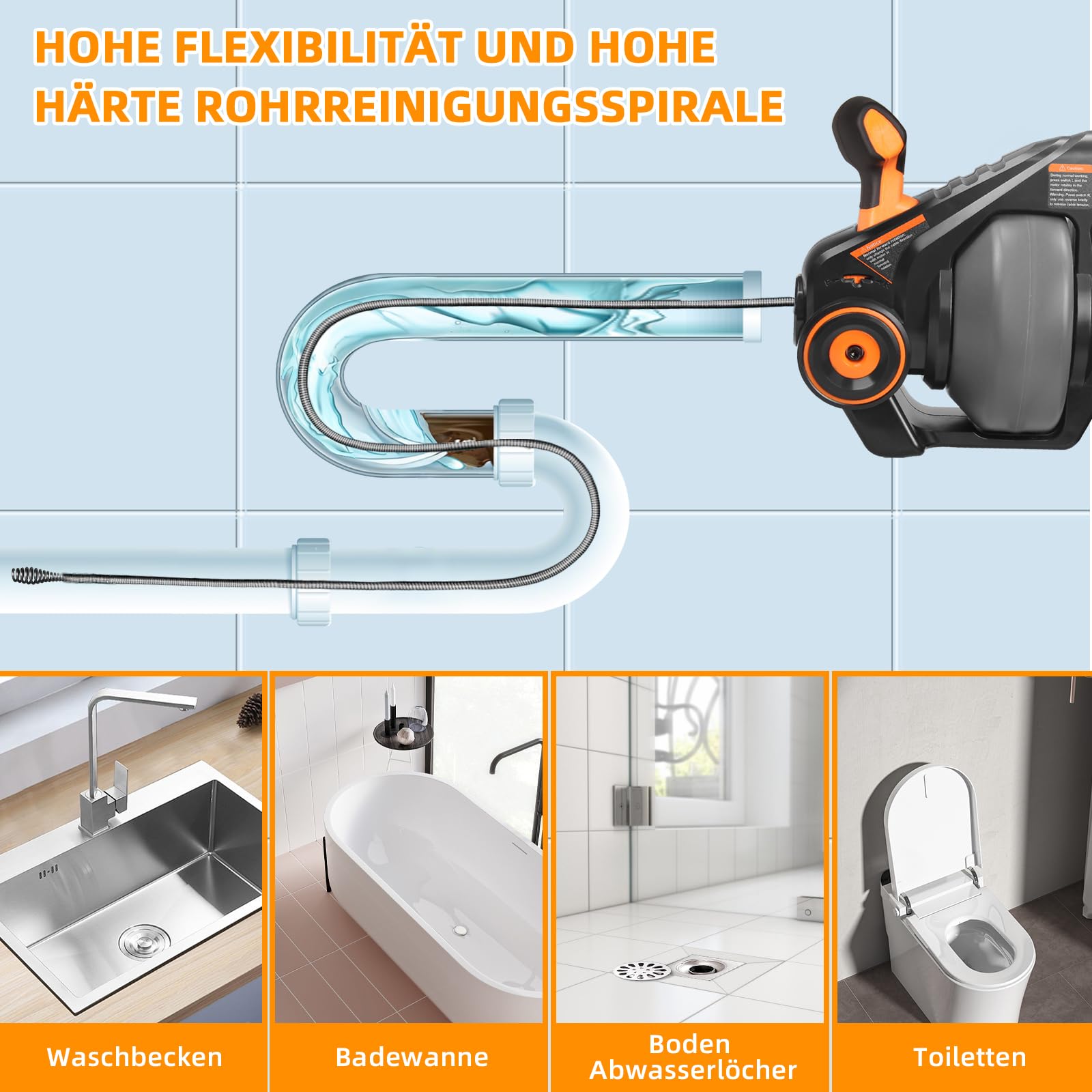 18V Akku Rohrreinigungsspirale, 7,6m Elektrisch Abflussreiniger Spirale, Rohrreiniger Spirale Zum Entblocken von Toilette, Badezimmer, Waschbecken Abflussrohre (Einschließlich Batterien)