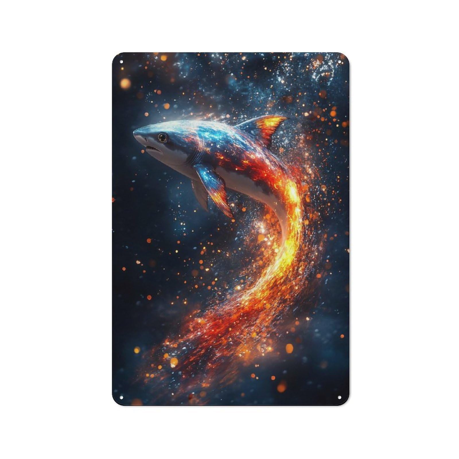 Decorative Metal Plaque with Fiery Shark in Dark Space Design 30x20cm, Casual Utility Space Decor for Patio Bar, Workshop, Shed Or Kitchen