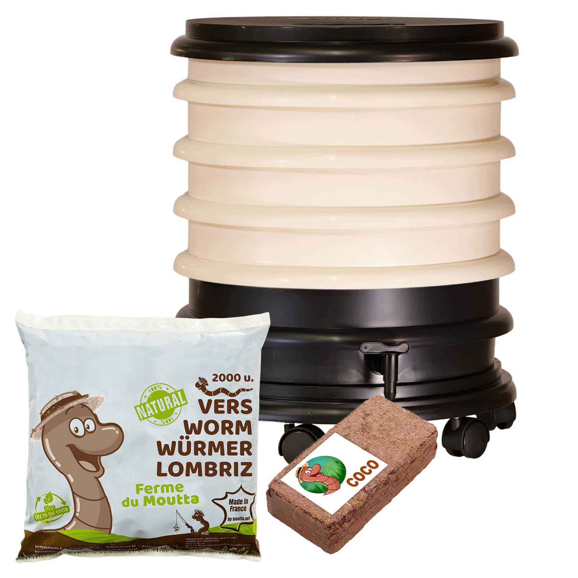 WormBox | Wurmkomposter Wurmfarm Wurmkiste mit 4 Schalen Elfenbein + 1kg Kompostwürmer / 2000 STK + 1 Coco | 64 Liter | Regenwurmkomposter, Kompostwürmer produzieren Wurmhumus