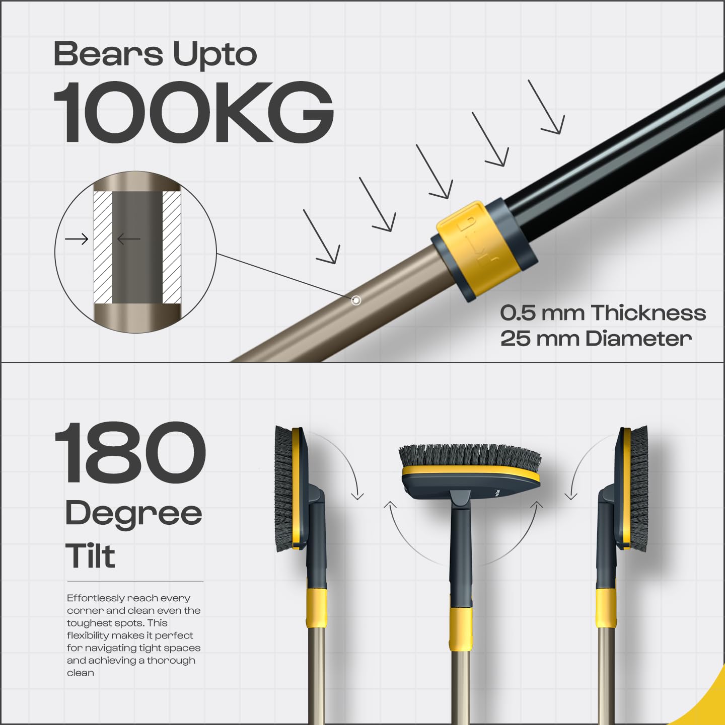 MinuteToCleanIt 4-in-1 Cleaning Set | Long Handle Wiper Squzee, Bristles, Microfiber & Scrubber for Tiles, Bathroom, Windows – 58.2” Extendable Pole, Detachable Heads, Yellow 2