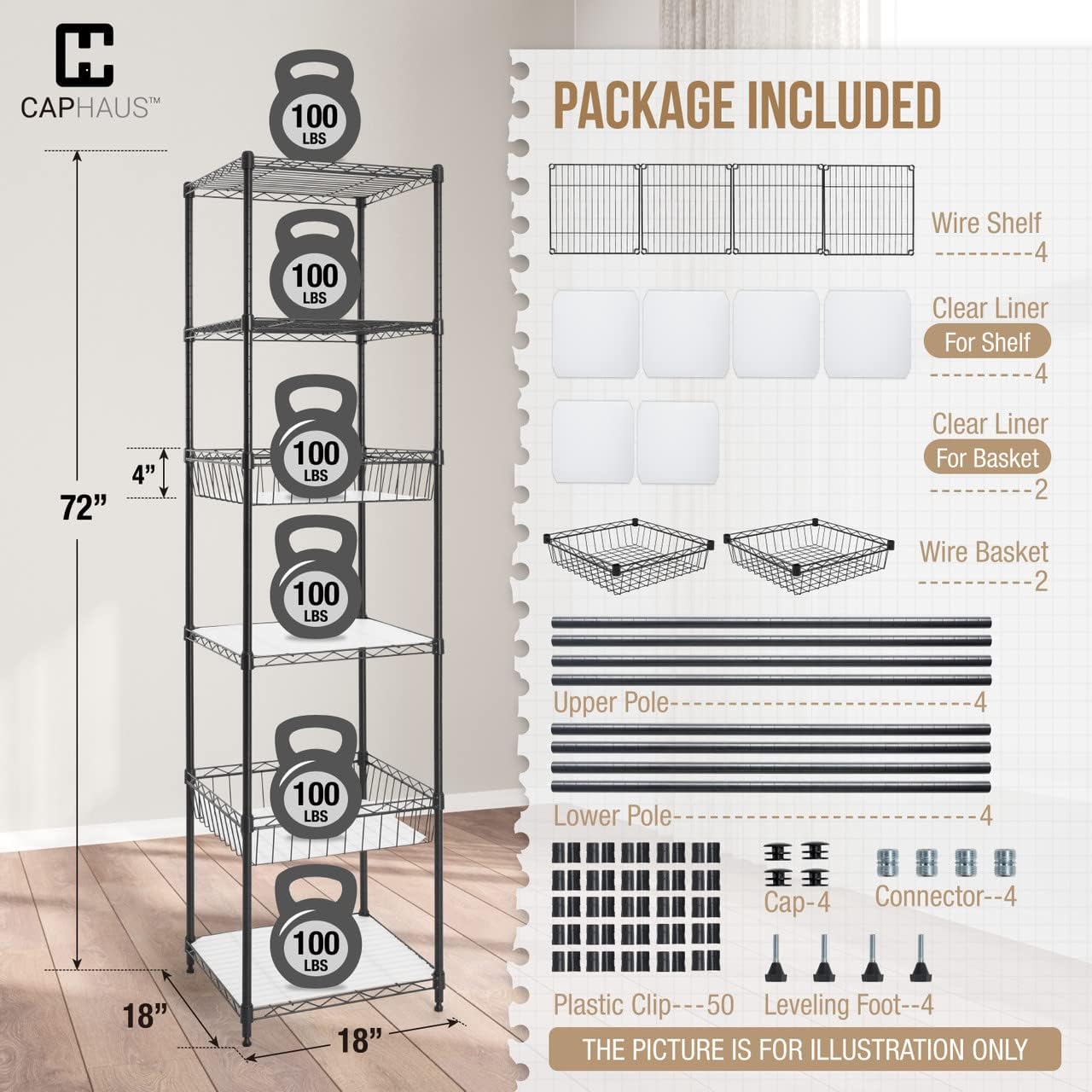CAPHAUS NSF Adjustable 6 Tier Wire Shelving Unit w/Basket & Liner, Metal Storage Rack Corner Shelves, Storage Rack for Kitchen, Bathroom, Laundry Closet, Metal Wire Shelving w/Basket Shelves Black