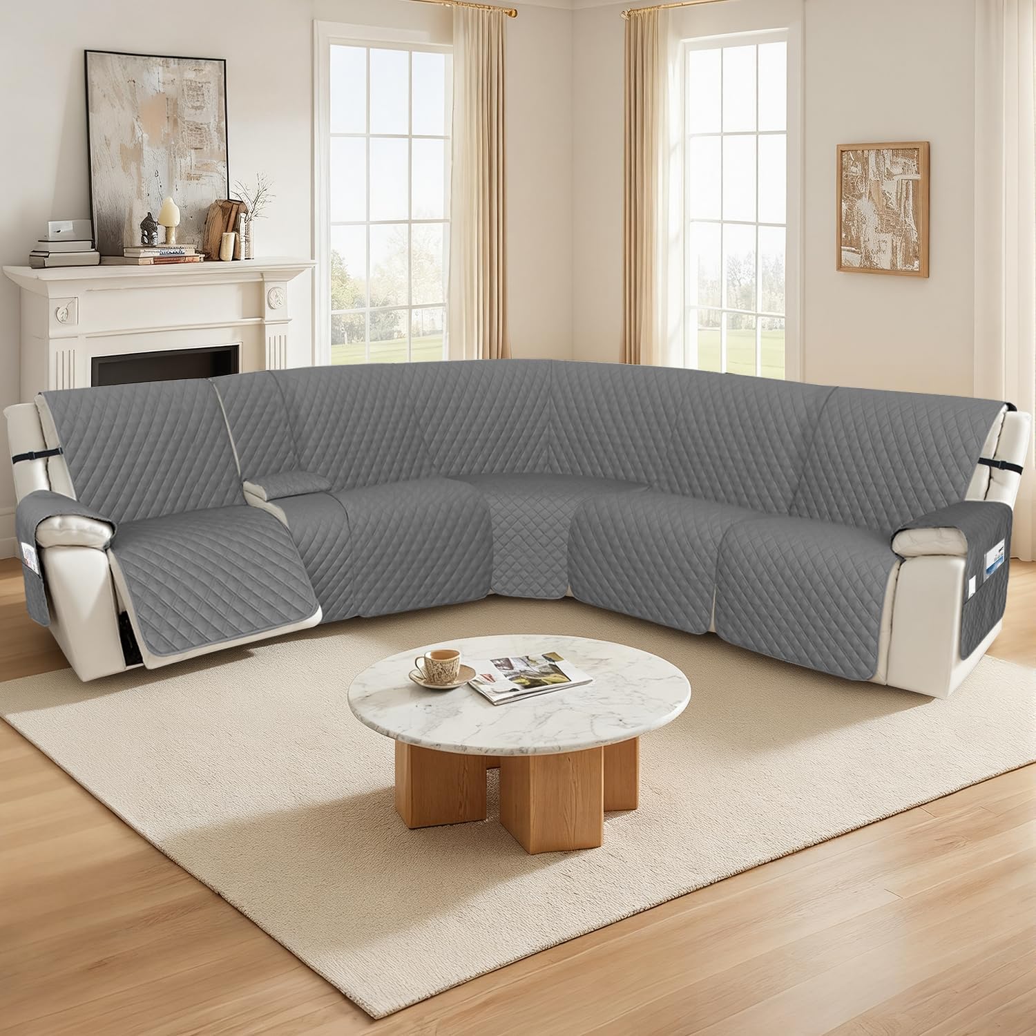 Arfntevss Recliner Sectional Couch Covers 1OO% Waterproof L Shape Sofa Cover for Reclining L Shaped Sectional Slipcover Dog Washable Corner Non Slip Protector (XL 5 Seater with 1 Console, Dark Gray)