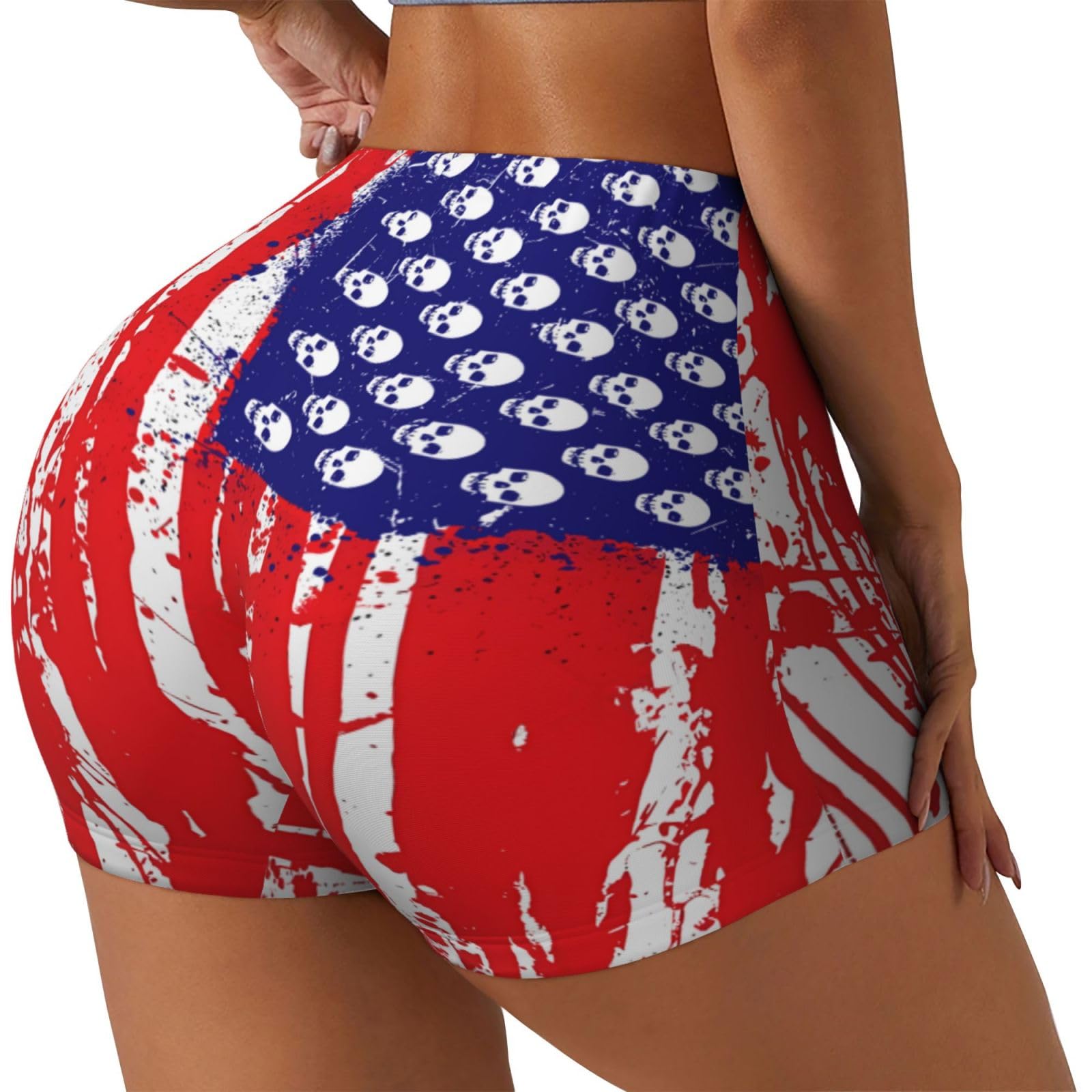 SEOCKA American Flag Skull Women's High Waist Workout Yoga Shorts Stretch Shorts Running Sports Short Pants Medium