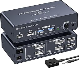 VEDINDUST DisplayPort KVM Switch Dual Monitor 8K60Hz 4K120Hz Displayport Switch KVM Switch 2 Monitors 2 Computers Shared 4 USB Device Support DP1.4 With USB3.0 to USB C Cable - Aluminium