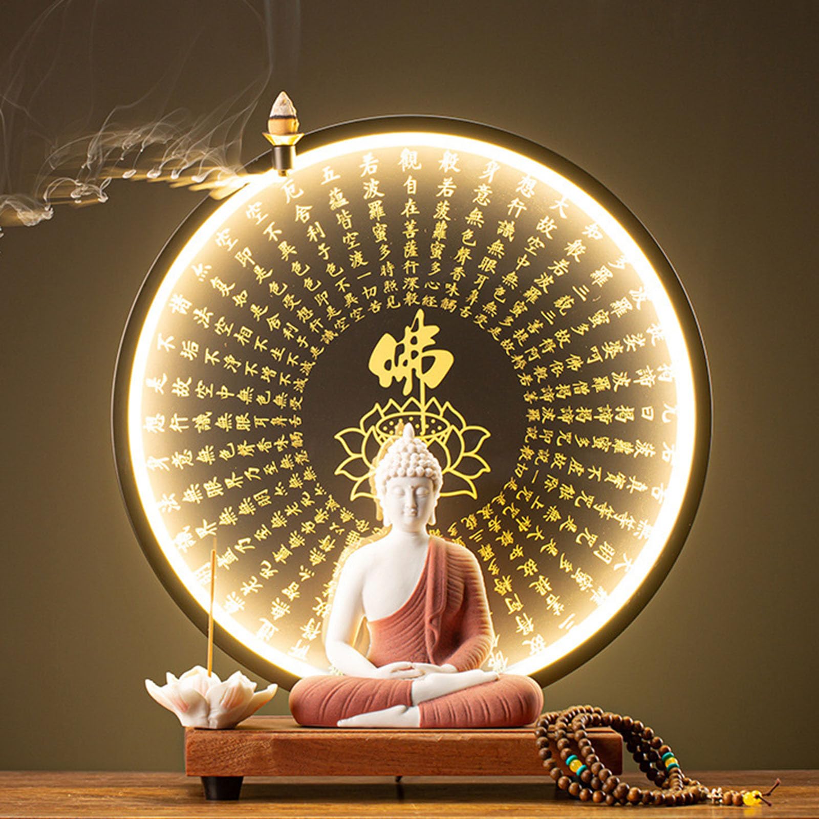 Estatua budista grande con círculo LED, decoración zen 3D, aplique mural para sala de estar, arte de pared para colgar