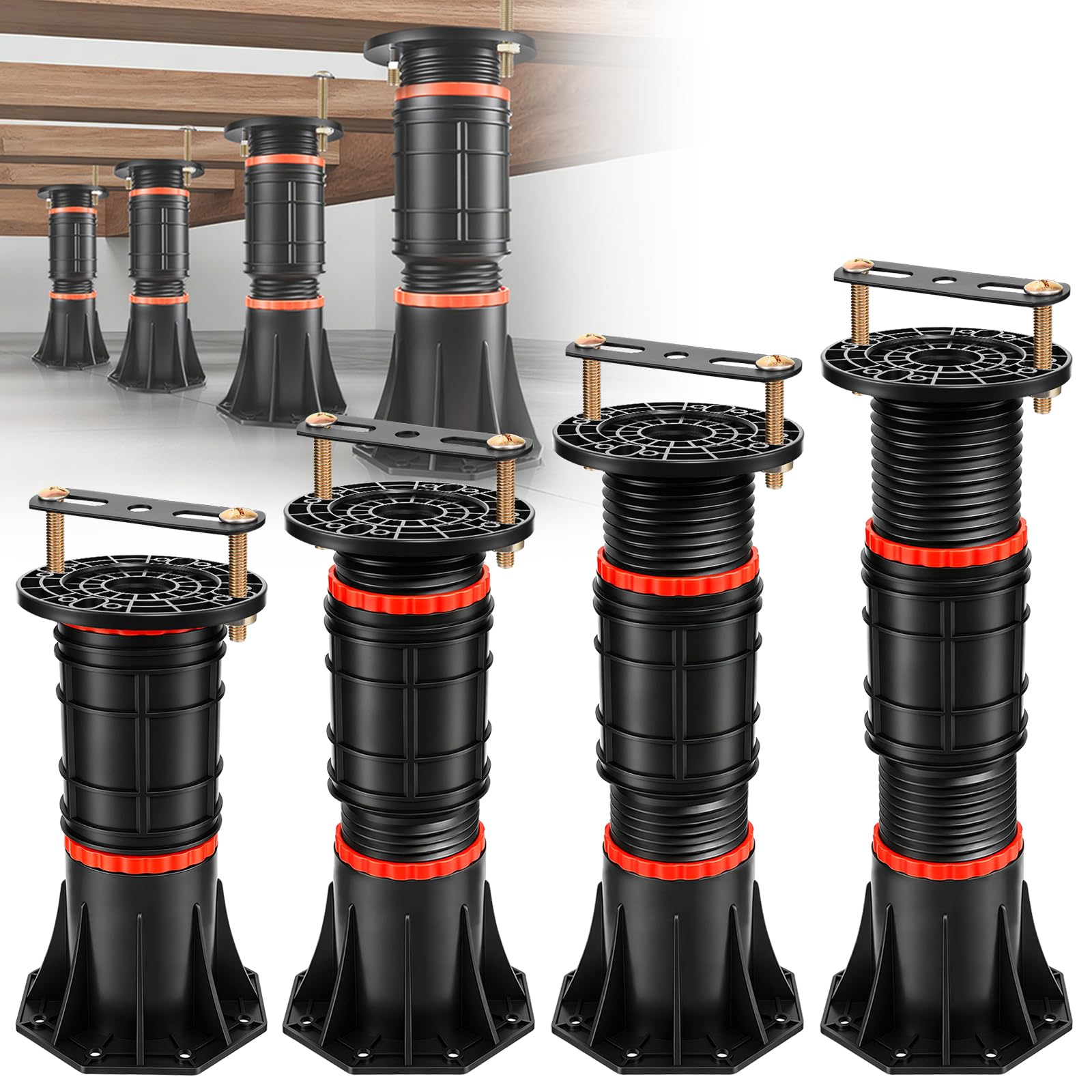 LOSCHEN 4 PCS Adjustable Bed Support Legs with Metal Fixing Accessories, 8.4-13.5 Inch，Heavy Duty Bed Frame Support Feet,Bed Support Reinforcement Parts Bed Slats Support Leg Bed Replacement Legs