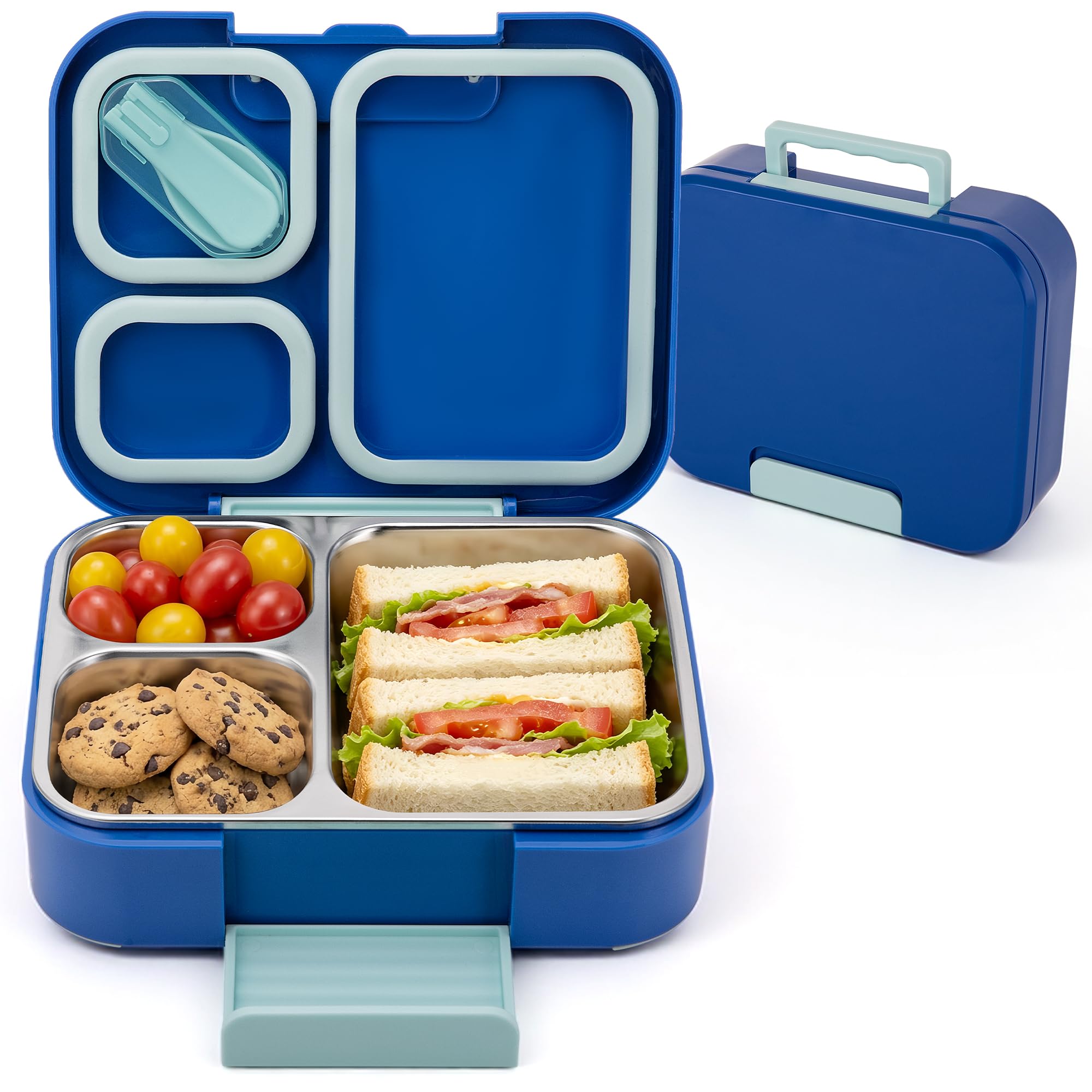 Photo 1 of Reeple Bento Lunch Box for Kids, 3 Compartment 304 Stainless Steel Food Container with Handle & Spork, Kids Lunch Box Fits Ice Pack, BPA-Free, Blue