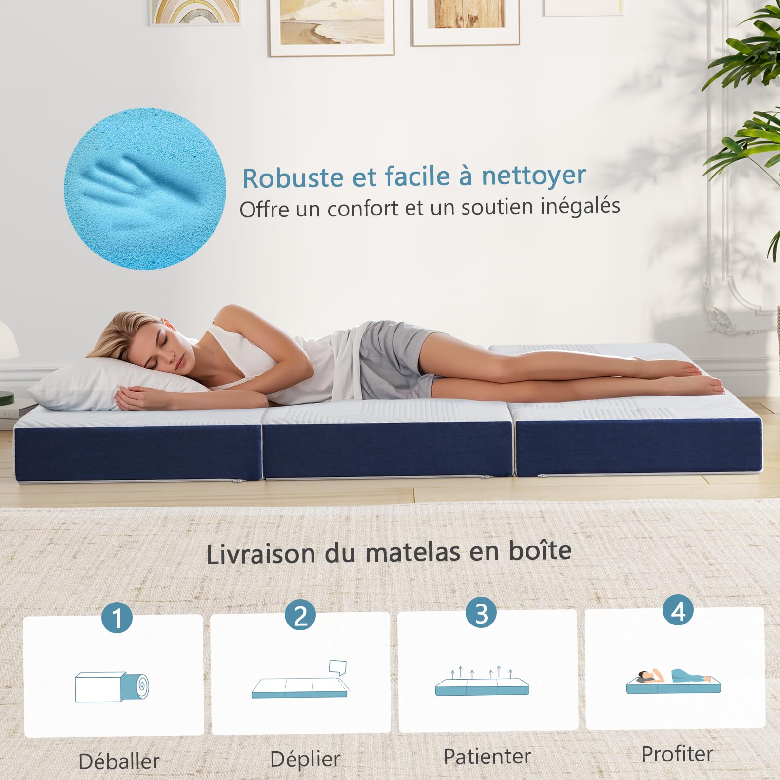 Hiimgo Matelas Pliable 120x190x10cm - Housse Amovible Respirante Lavable,Matelas invité Pliable en, Mousse à Mémoire de Forme en Gel,Sac de Transport - Parfait lit Pliant 2 Places