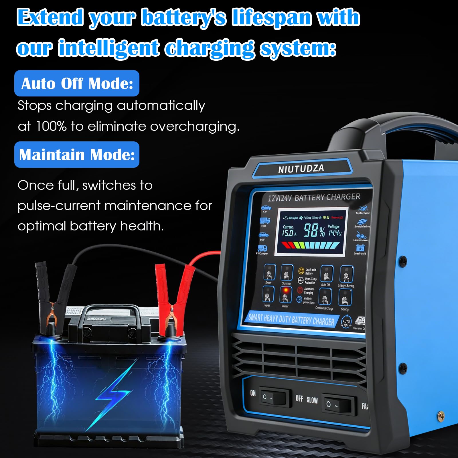 Caricabatterie per auto resistente, 12 V/24 V, 0-15 A, caricatore automatico per batteria, caricabatterie intelligente con spegnimento rapido e lento, spegnimento automatico, riparazione, modalità