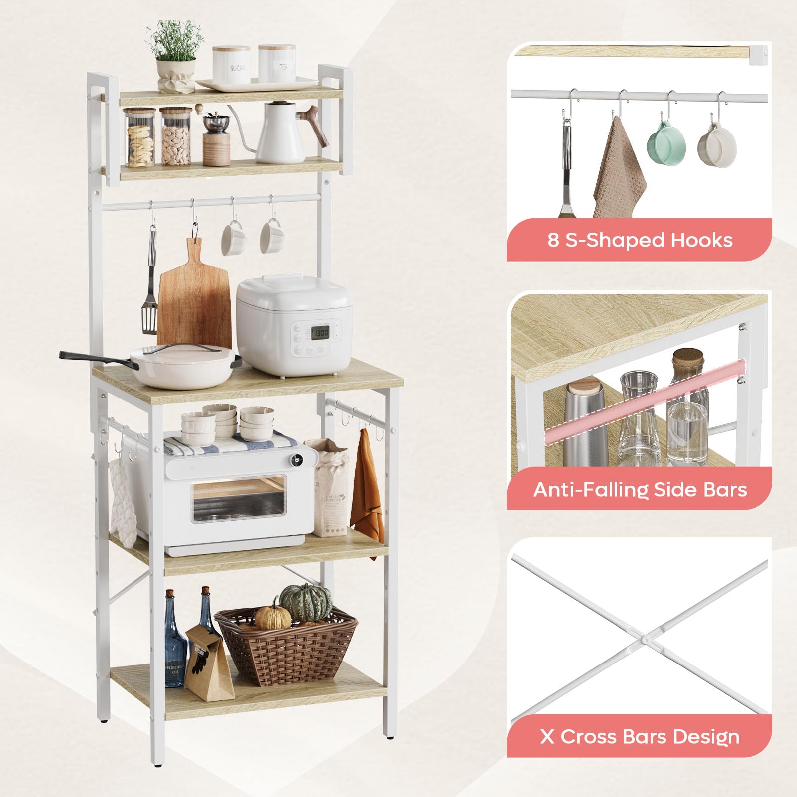 Bestier Scaffale da cucina in piedi, sottile, 60 x 42 x 148 cm, con 8 ganci, struttura in acciaio rustico, scaffale per microonde (bianco)