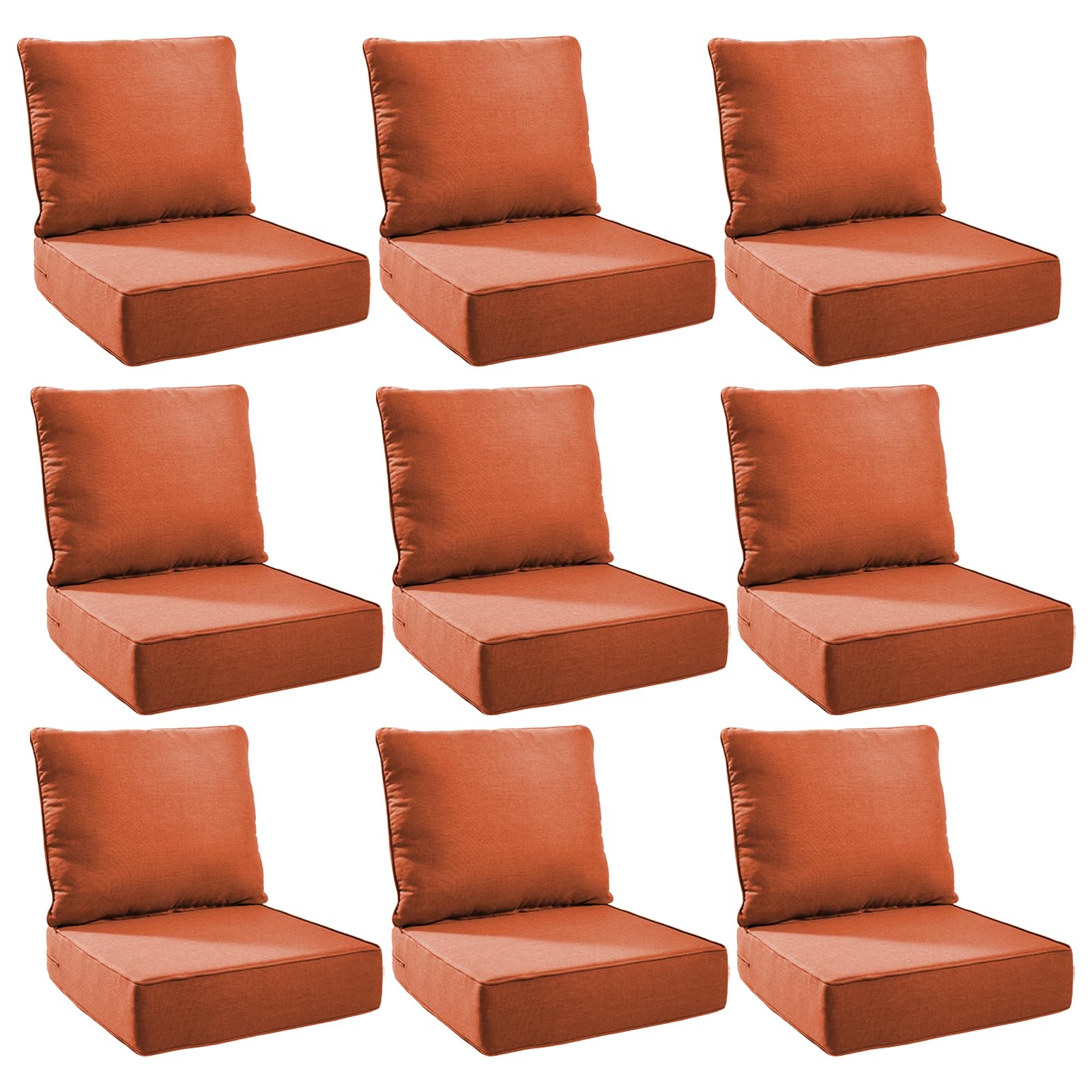 Outdoor Cushion Set for Patio Furniture, UV Resistant, Water Resistant - 6 Inch Thick Foam Garden Cushions – 22x24 Inch Patio Seat Covers for Chair/Sofa/Couch | Orange | 9-Pack |