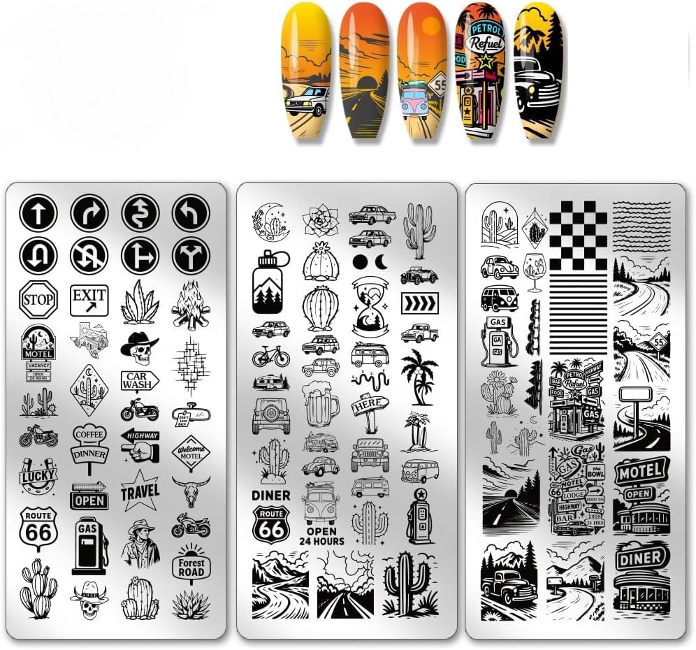 PH PandaHall 3pcs Road Trip Nail Stamp Plate Adventure Travel Pattern Print Art Template Stainless Steel Nail Image Plate Desert Highway Nails Art Stencils for Women DIY Printing 12x6cm
