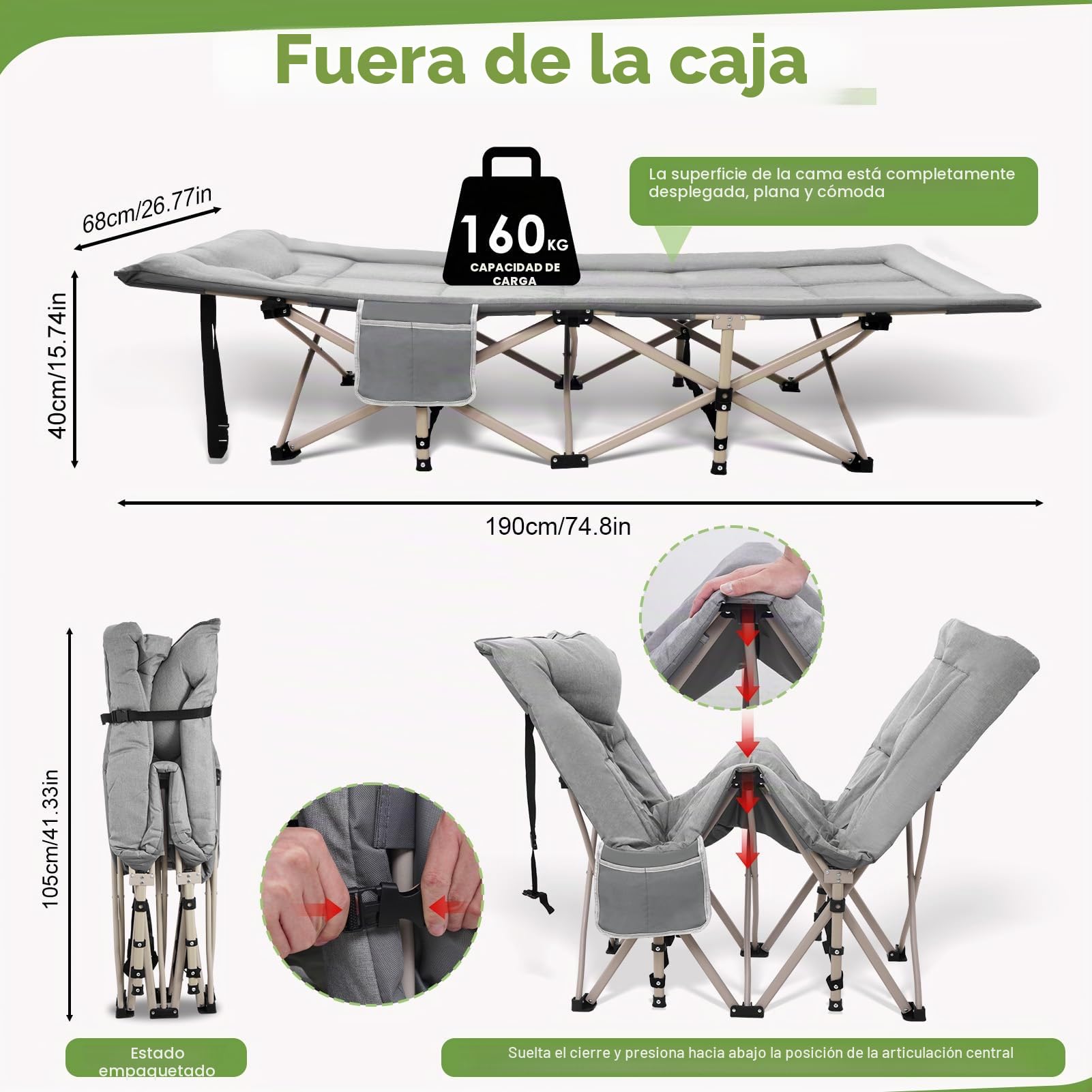 Cama plegable de camping, capacidad de carga cama plegable cama de invitados, cama plegable/tumbona de camping con colchón, bolsillos laterales, respaldo ajustable, 190 x 68 x 40 cm – hasta