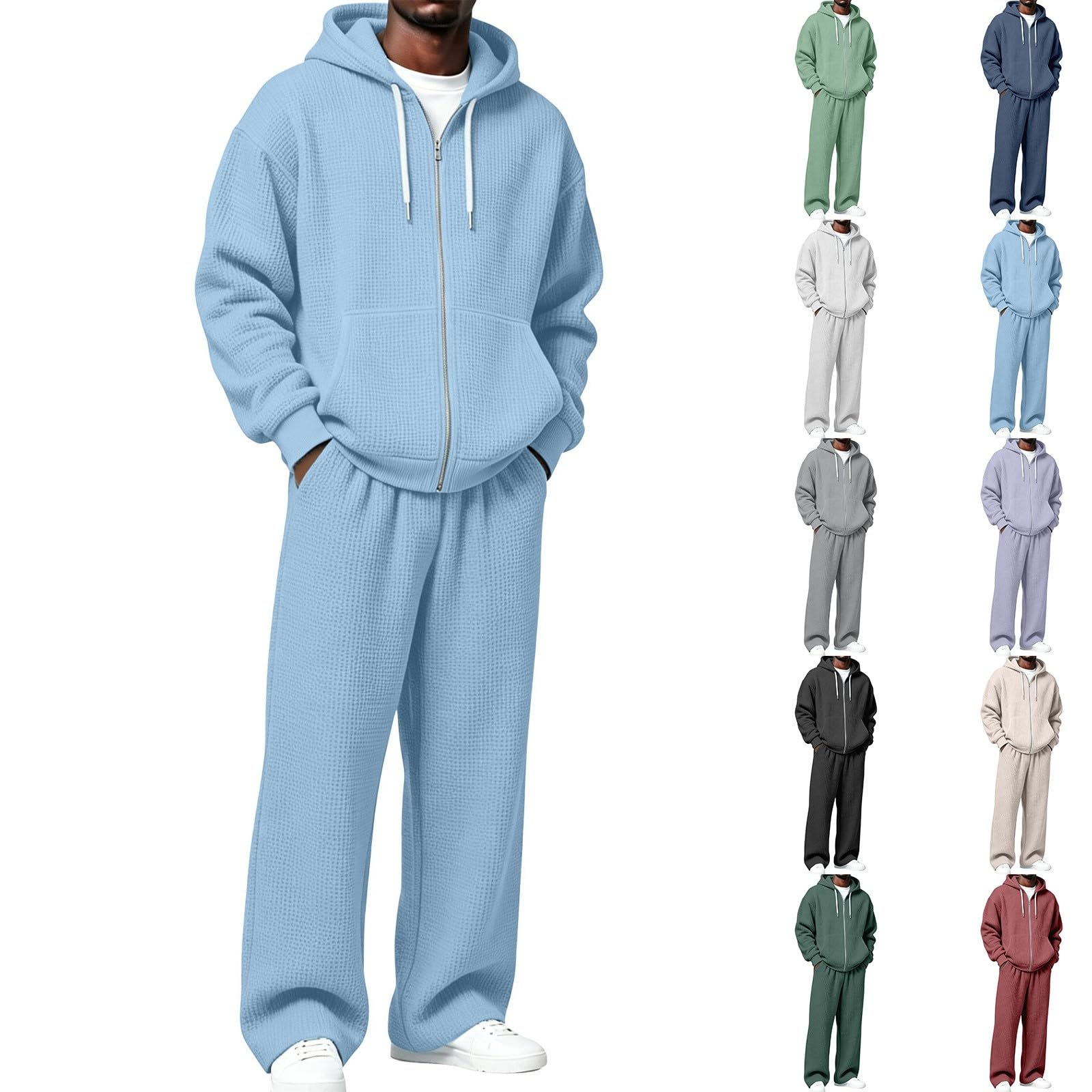 Generisch Jogginganzug Herren Waffelmuster 2 Teiler Trainingsanzug Zweiteiler Männer Hoodie und Baggy Jogginghose Casual Tracksuit mit Taschen Y2K Jogging Anzug Set