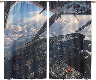 Airplane Cockpit View Blackout Curtains, Modern 3D Airplane Curtains Rod Pocket Thermal Insulated Window Drapes for Bedroom/Living Room, 52W x 63L, 2 Panels